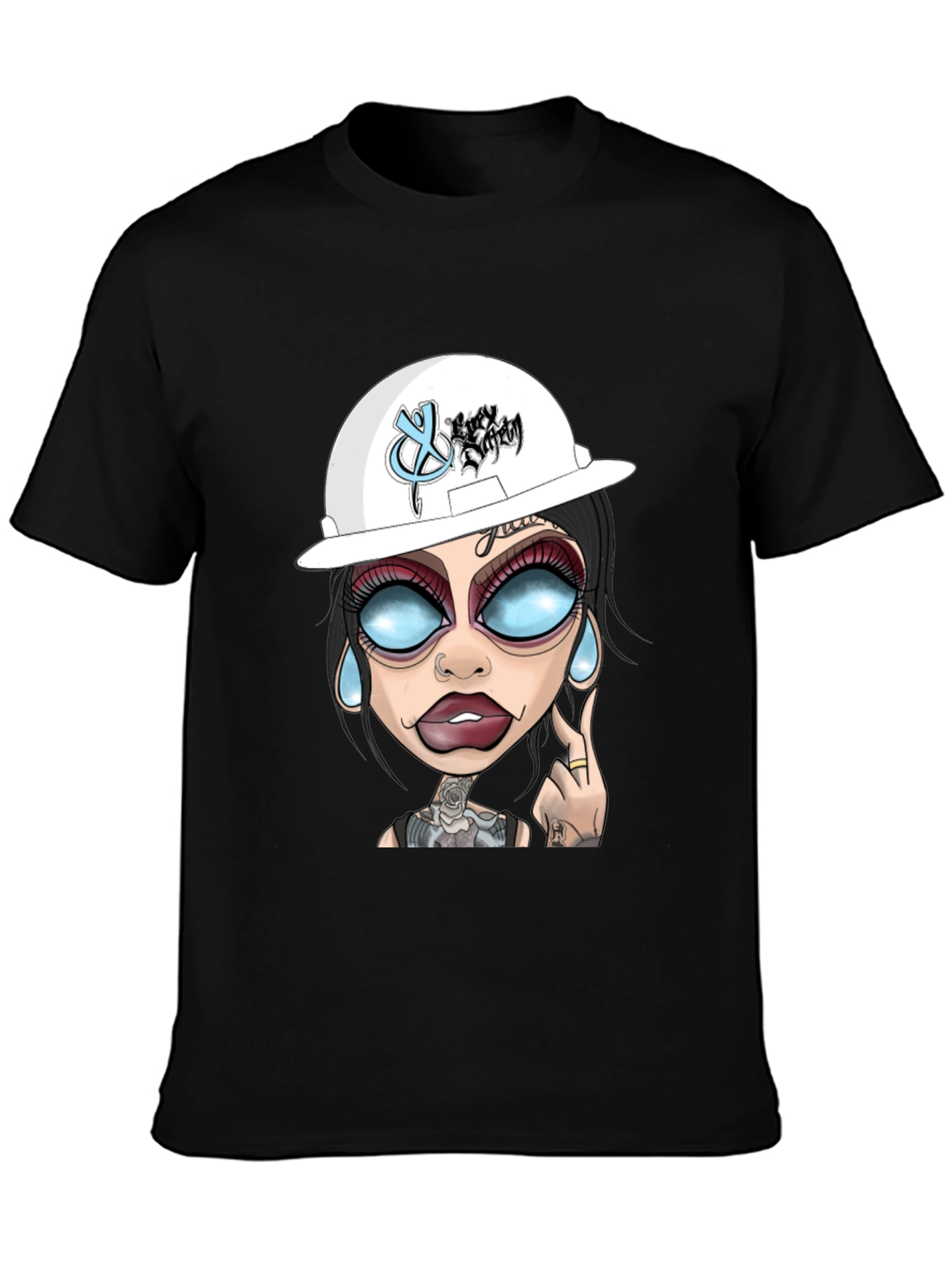 Black Cartoon Graphic T-Shirt - Edgy Tattoo Girl Design view 3