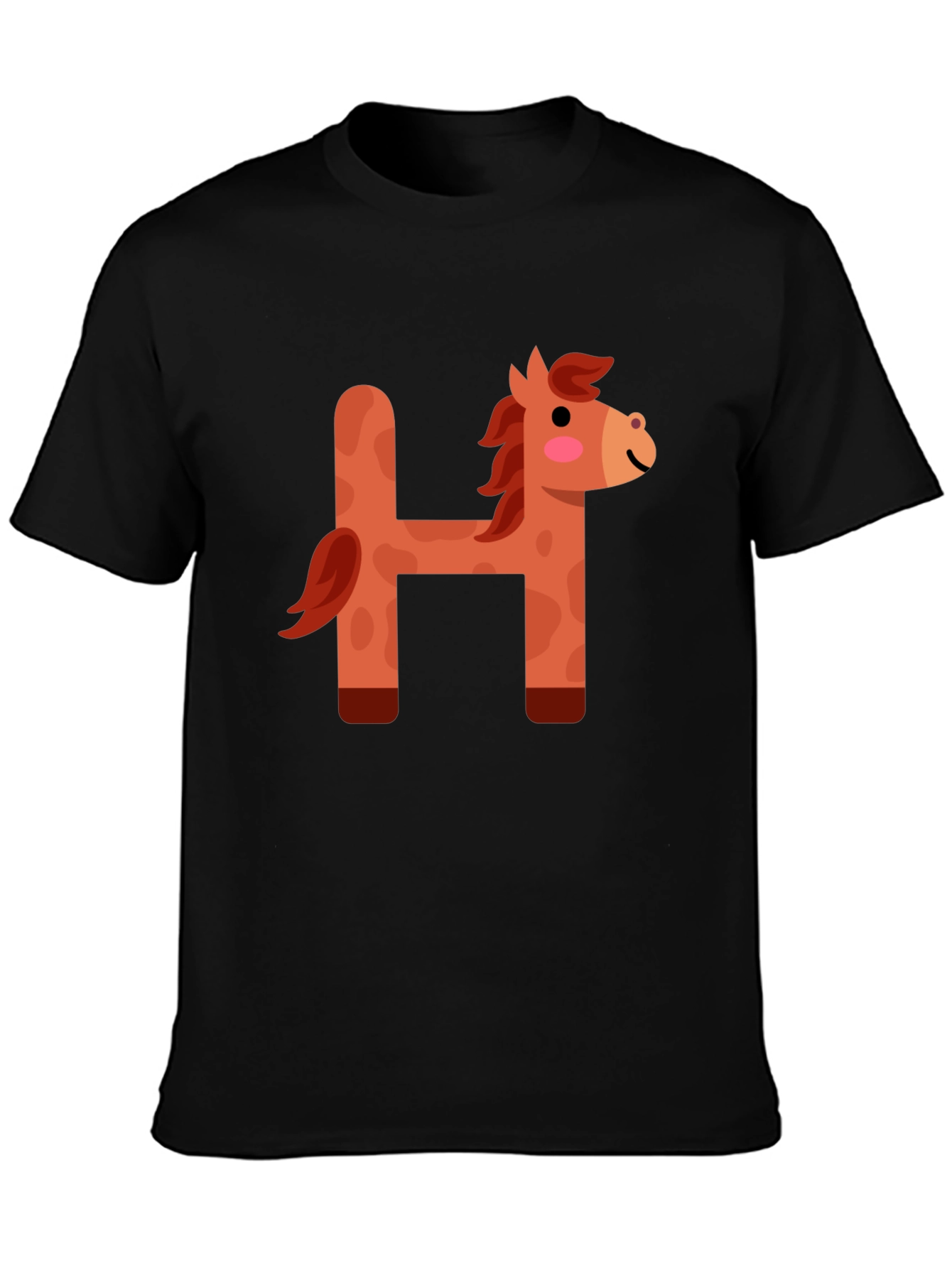 Black Cute Horse Letter H Black T-Shirt view 3
