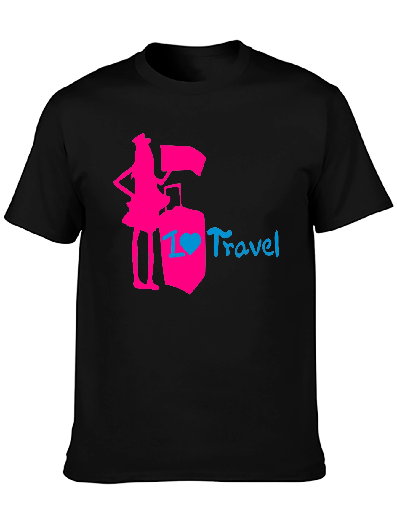 Black I Love Travel T-Shirt: Pink Design, Stylish Top view 3