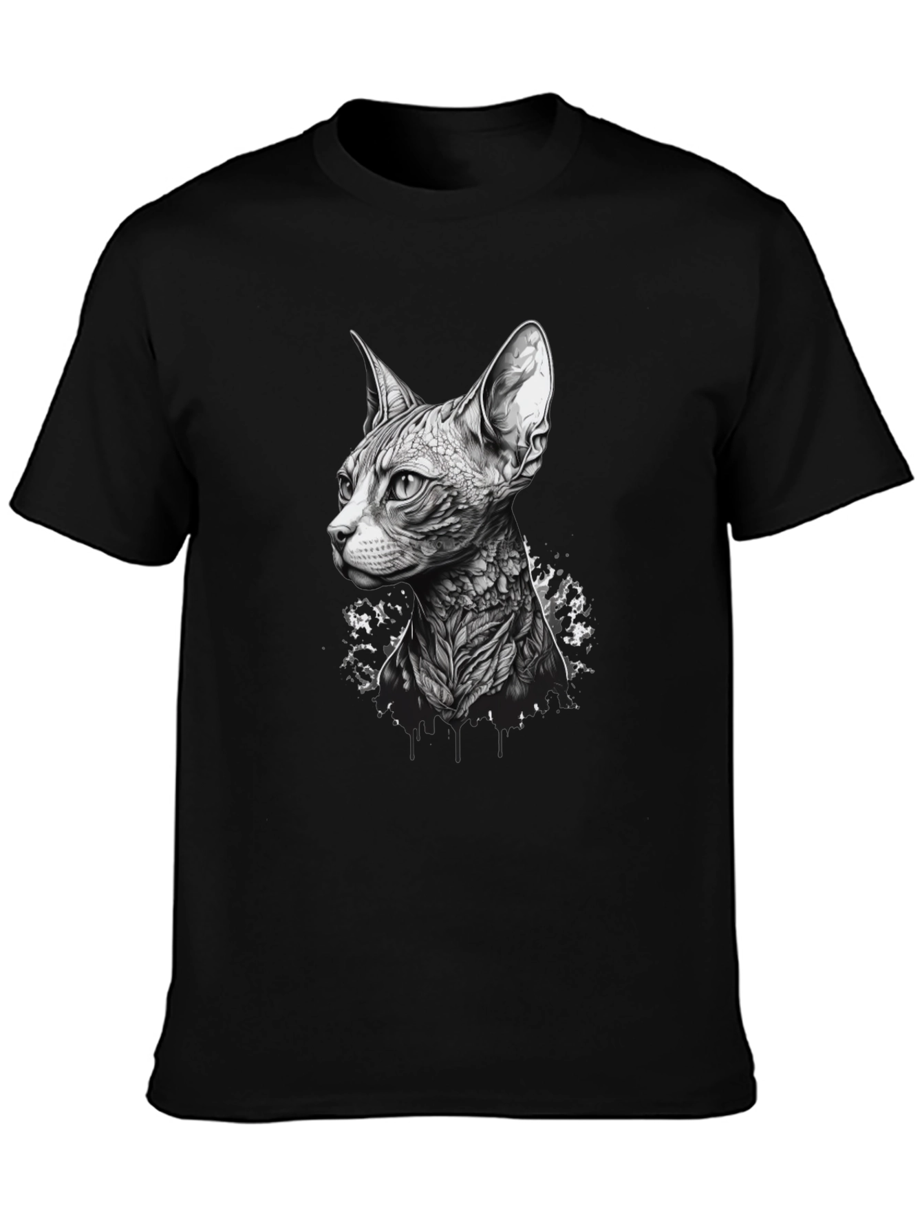 Black Sphynx Cat Tattoo Style Black T-Shirt view 3