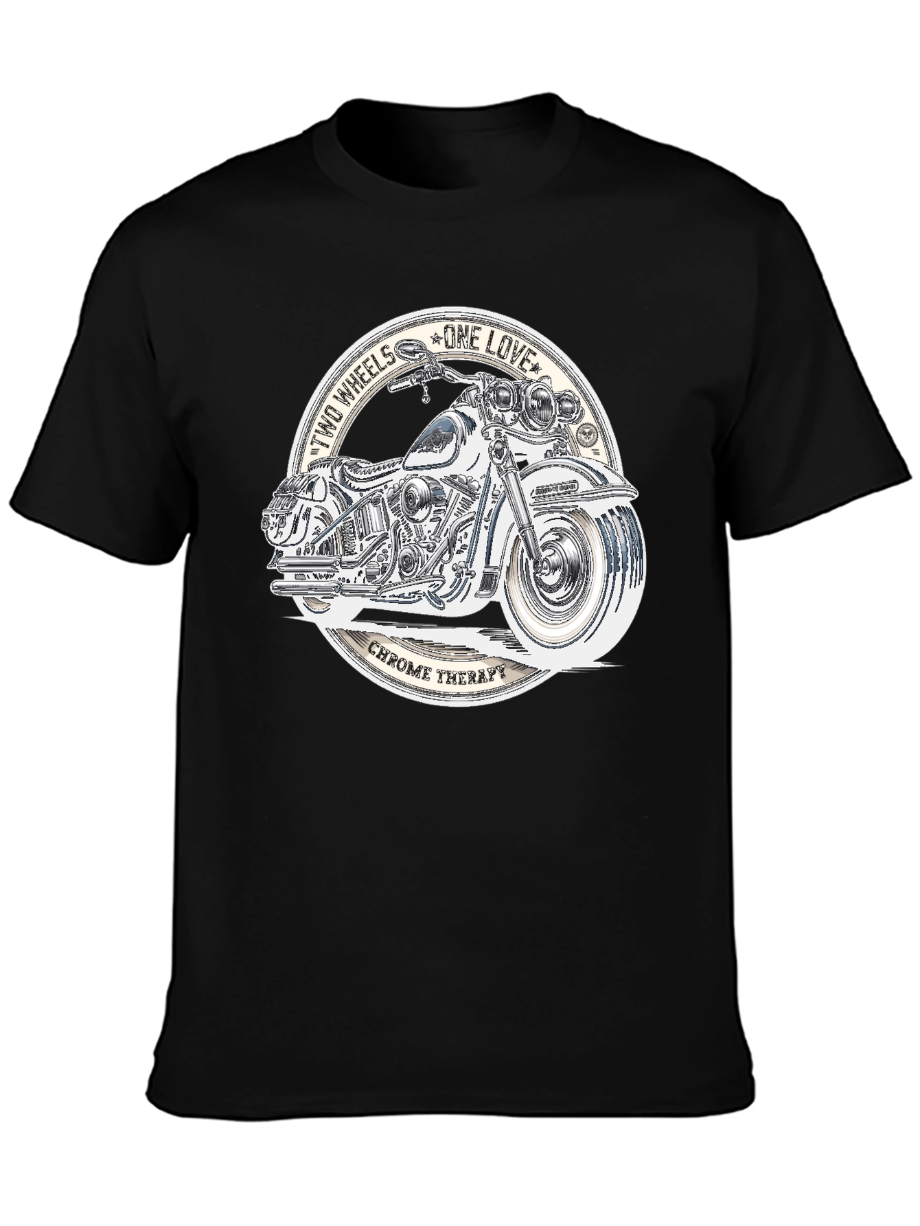 Black Two Wheels One Love Motorcycle Graphic T-Shirt view 3