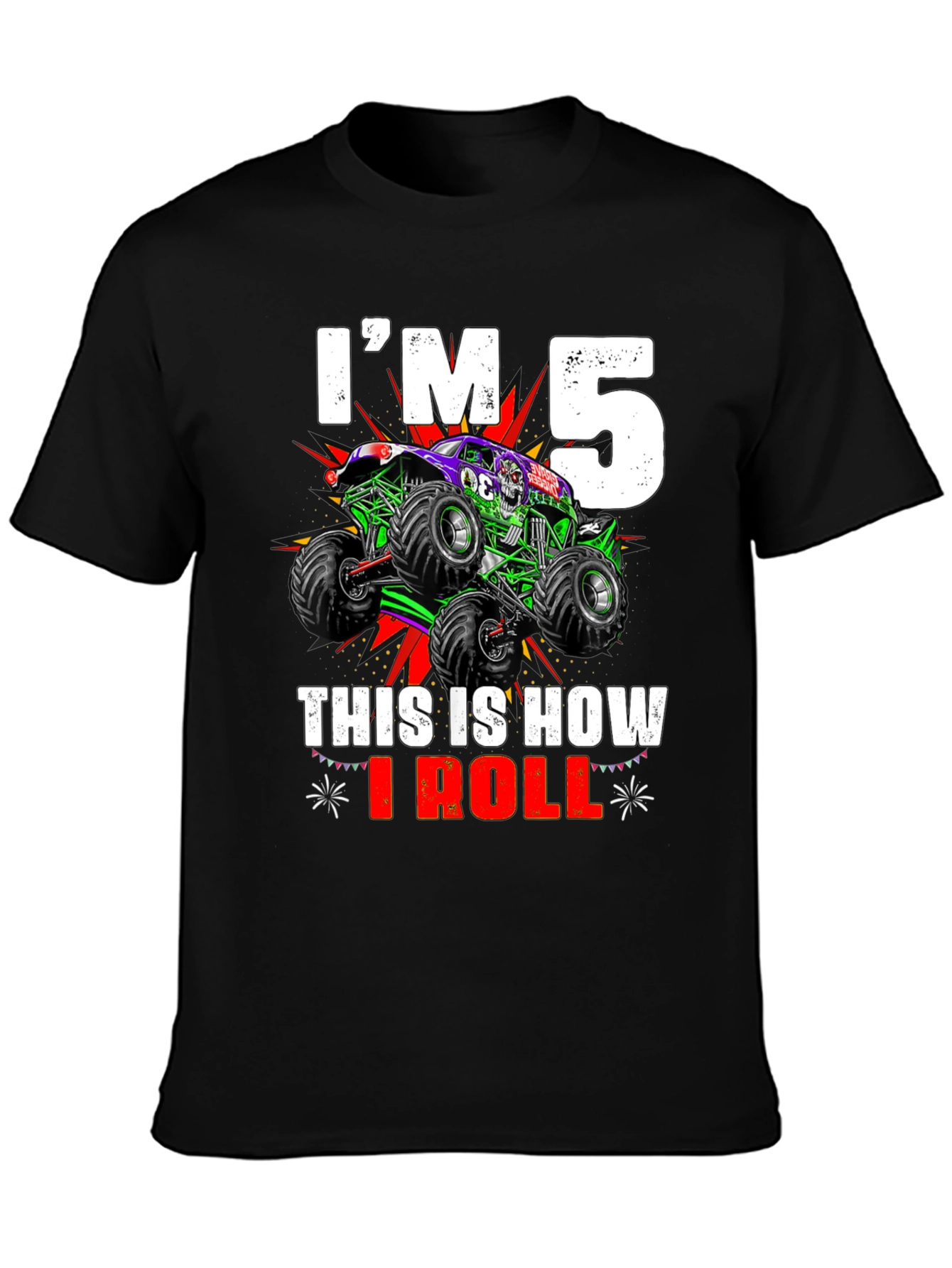 Black I'm 5 This Is How I Roll Monster Truck T-Shirt view 3