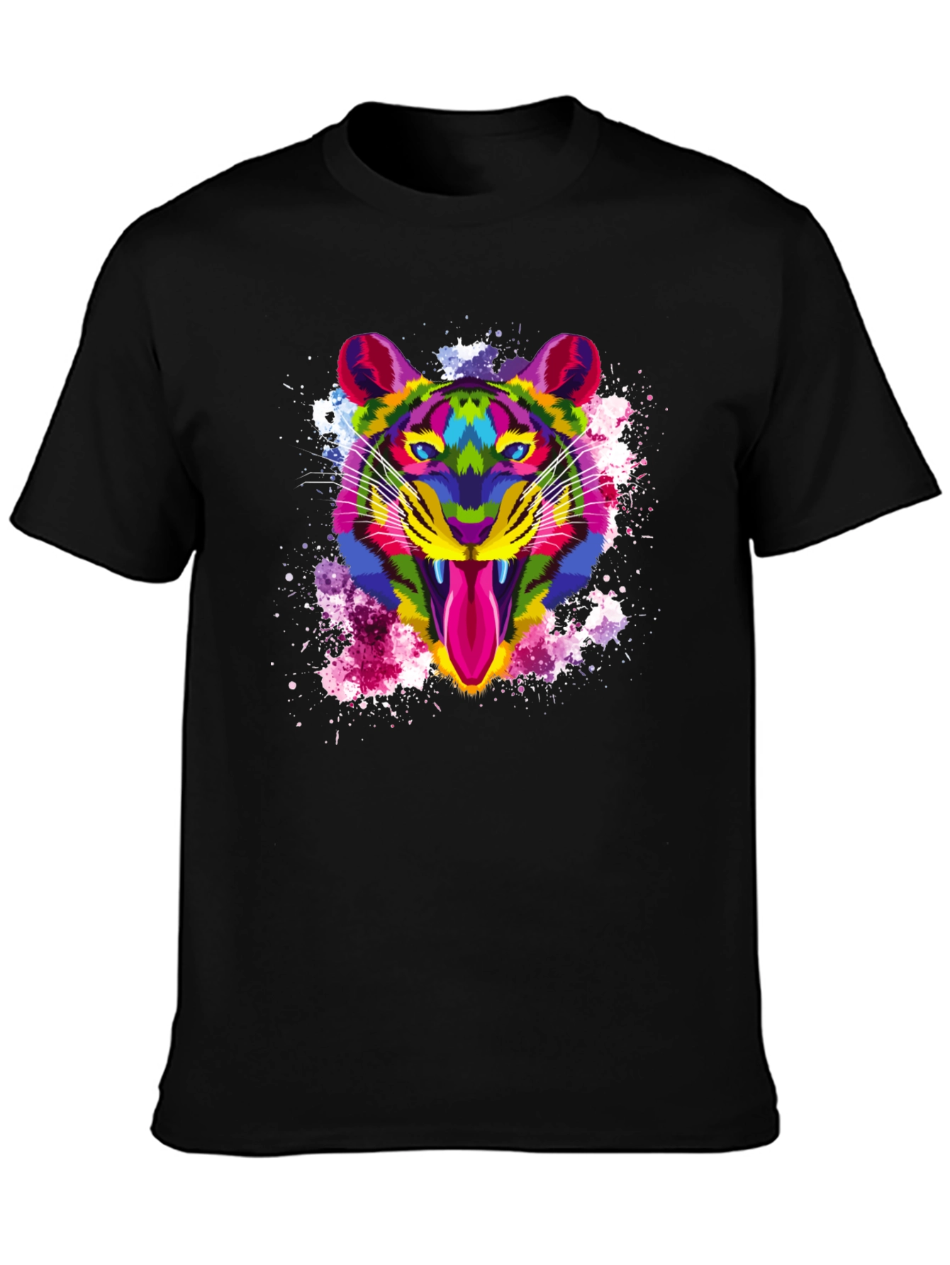 Black Colorful Tiger Graphic Print Men's Black T-Shirt view 3