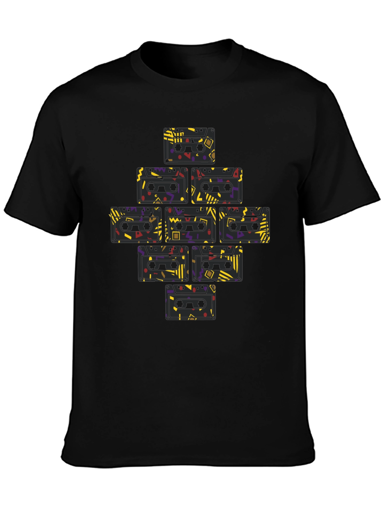 Black Retro Cassette Tape Pattern T-Shirt view 3