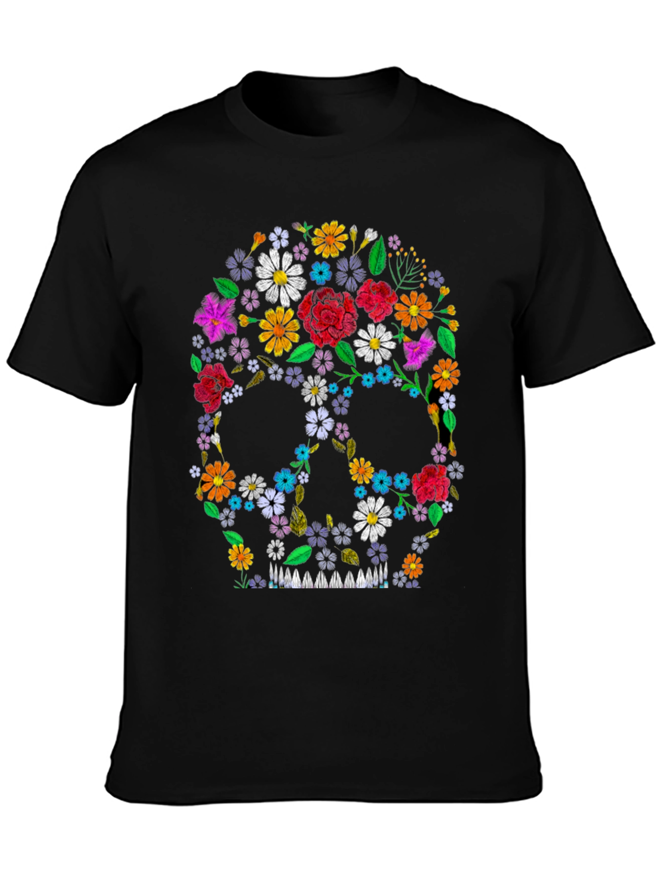 Black Floral Skull Graphic Tee - Black view 3