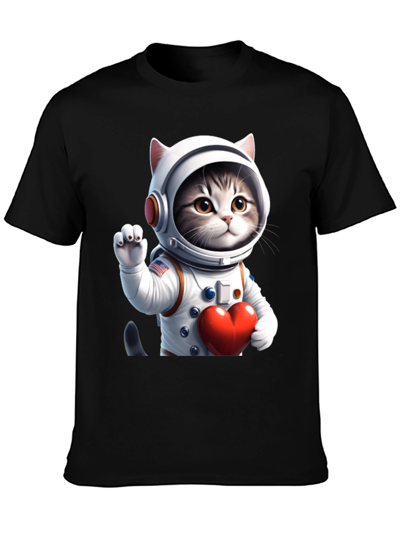 Black Cosmic Kitty T-Shirt - Astronaut Cat with Heart view 3