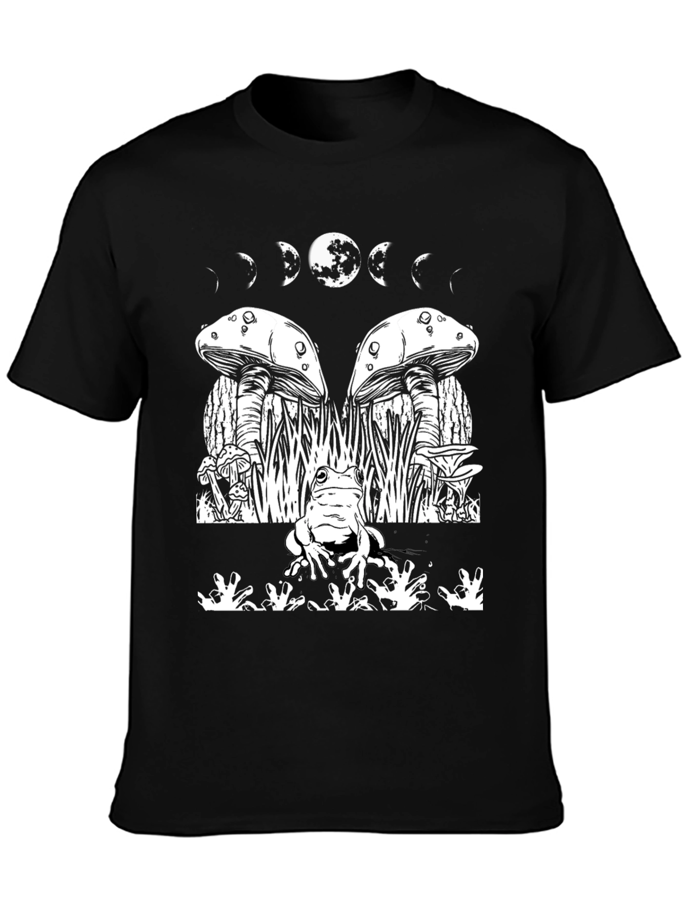 Black Mystic Frog Tee: Mushroom & Moon Phase Design view 3