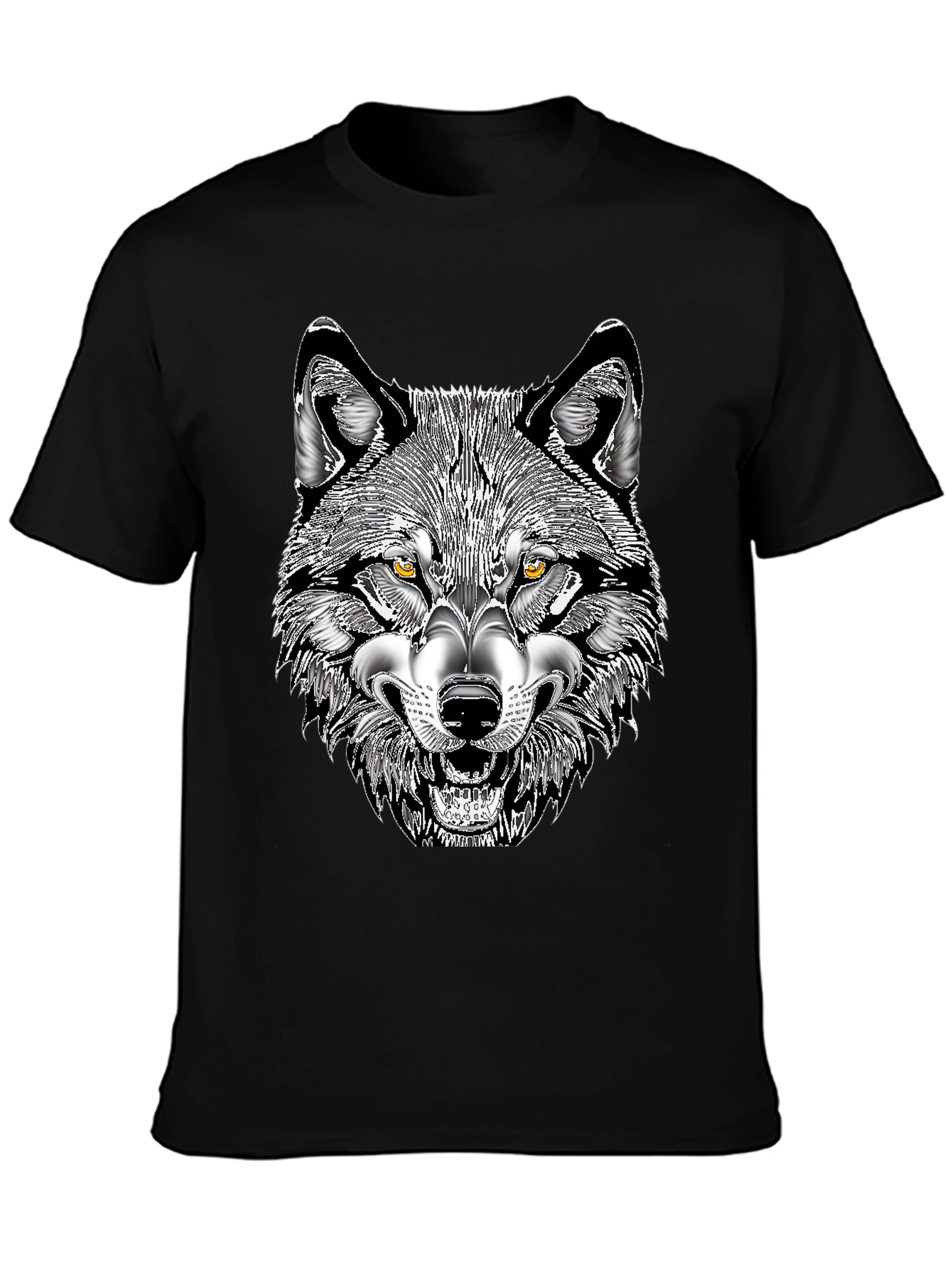 Black Men's Black T-Shirt with Wolf Graphic Print view 3