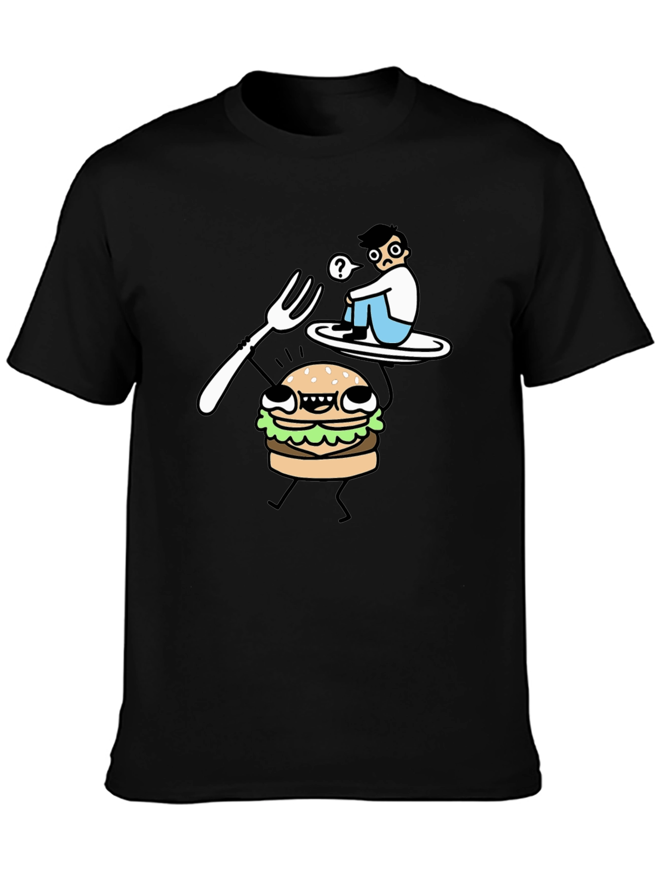 Black Funny Cartoon Burger T-Shirt - Black Cotton Tee view 3