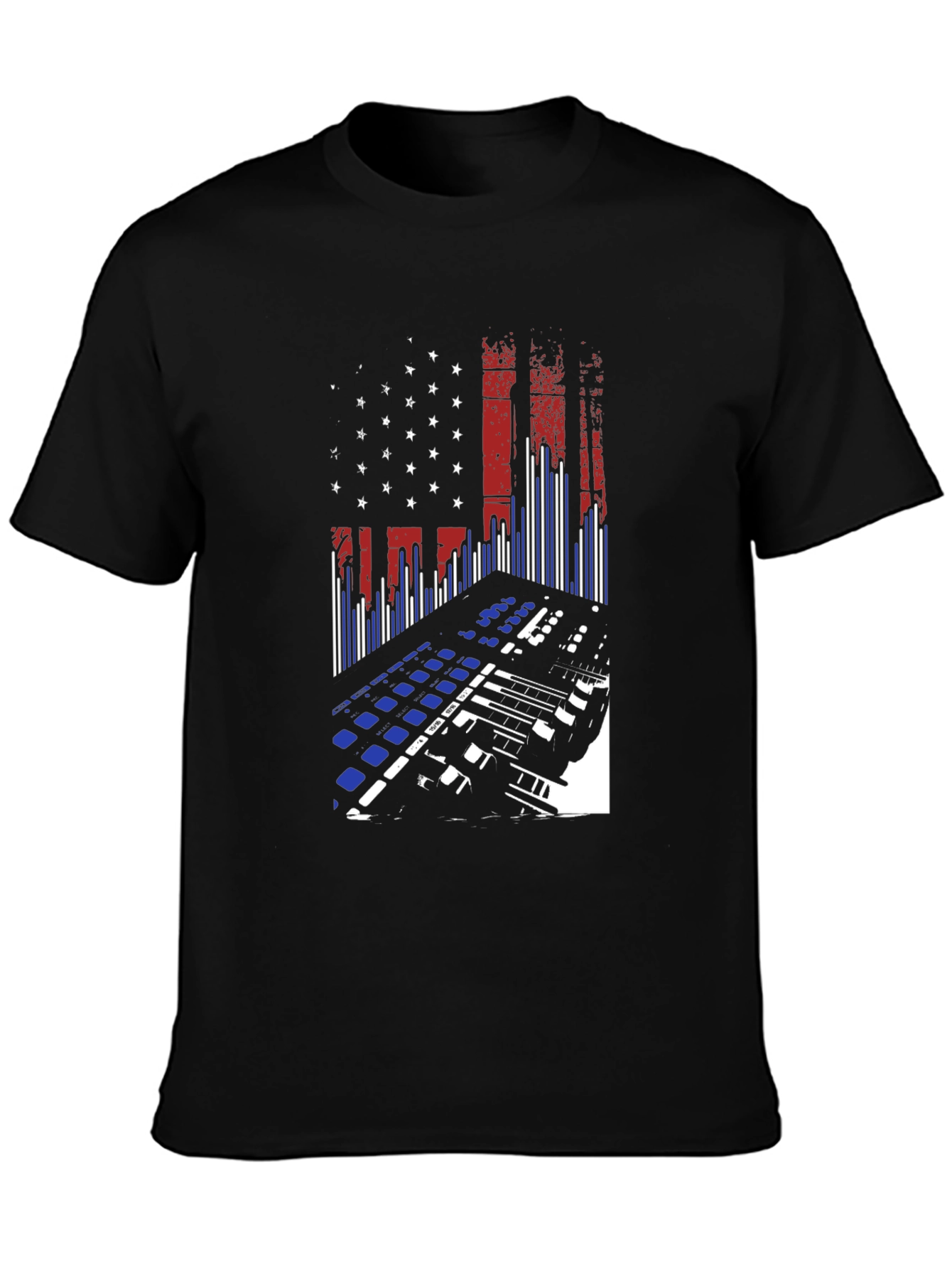 Black American Flag DJ Keyboard Black T-Shirt view 3