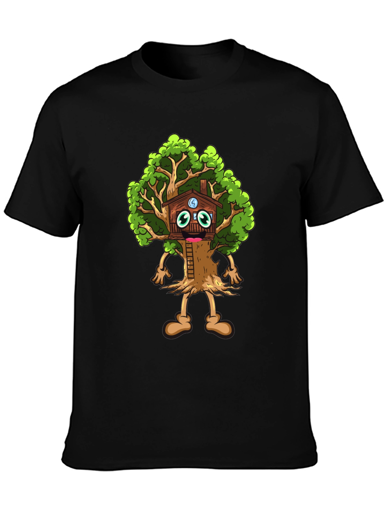 Black Cartoon Tree House T-Shirt - Unique Graphic Tee view 3