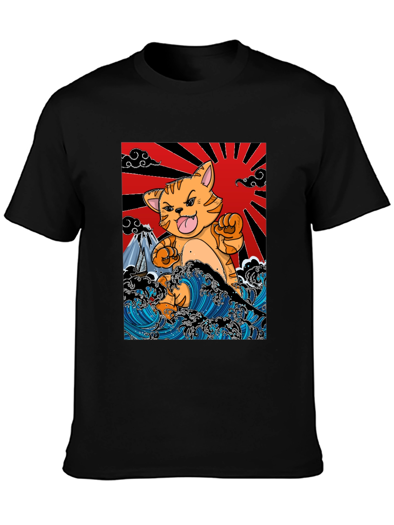 Black Japanese Cat Wave T-Shirt - Fun Graphic Tee view 3