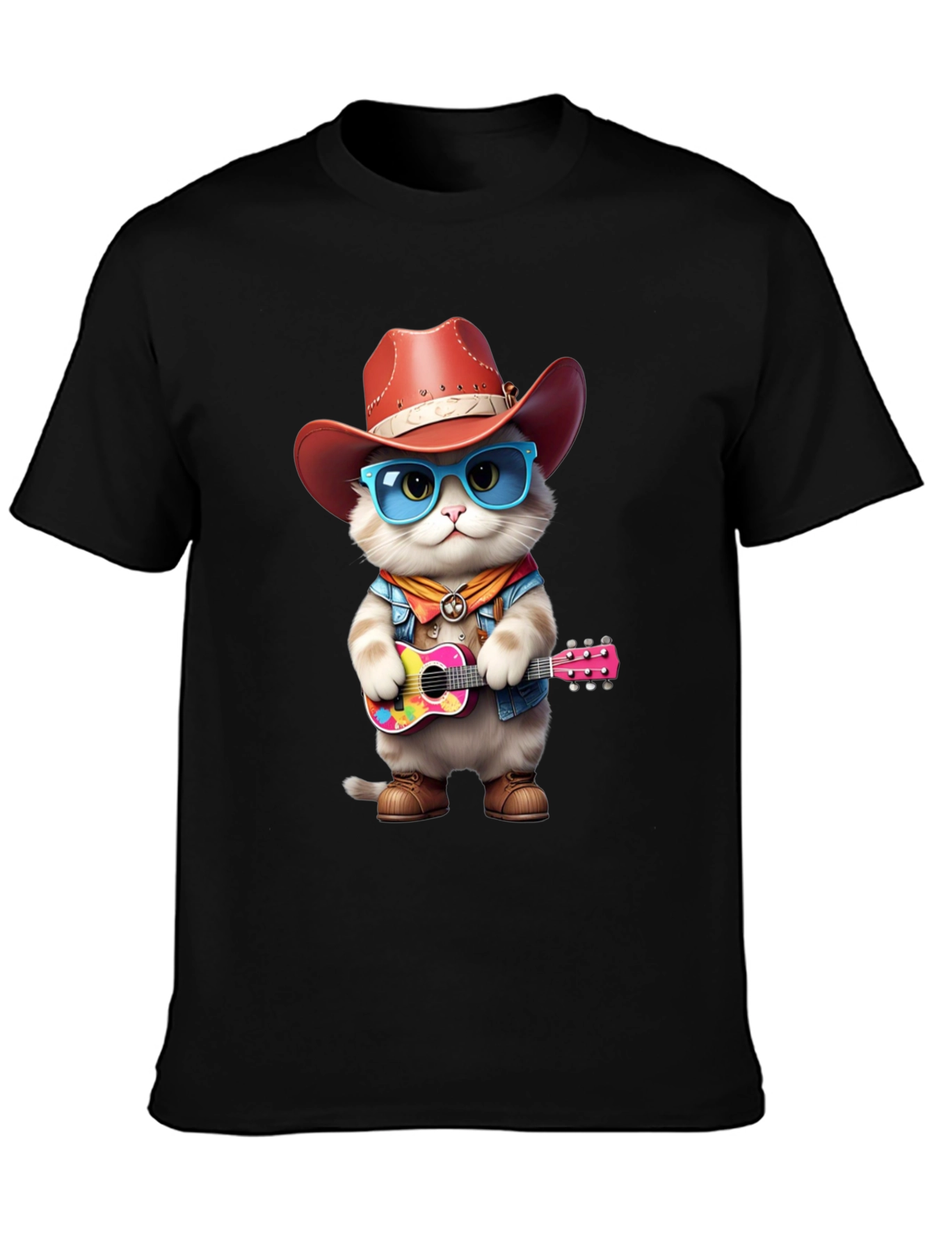 Black Cat Cowboy Guitar T-Shirt view 3