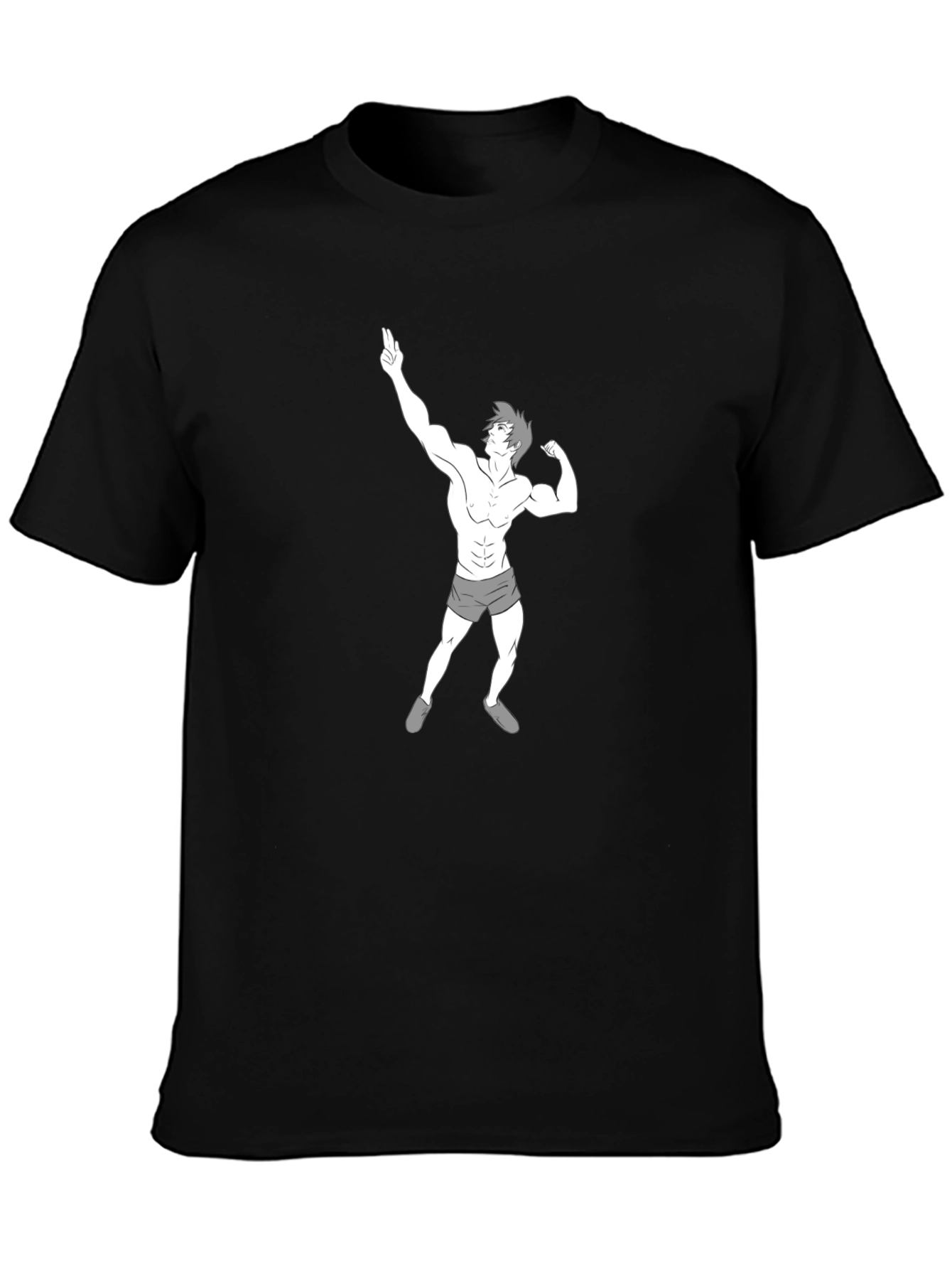 Black Men's Black T-Shirt with Cartoon Bodybuilder Graphic view 3