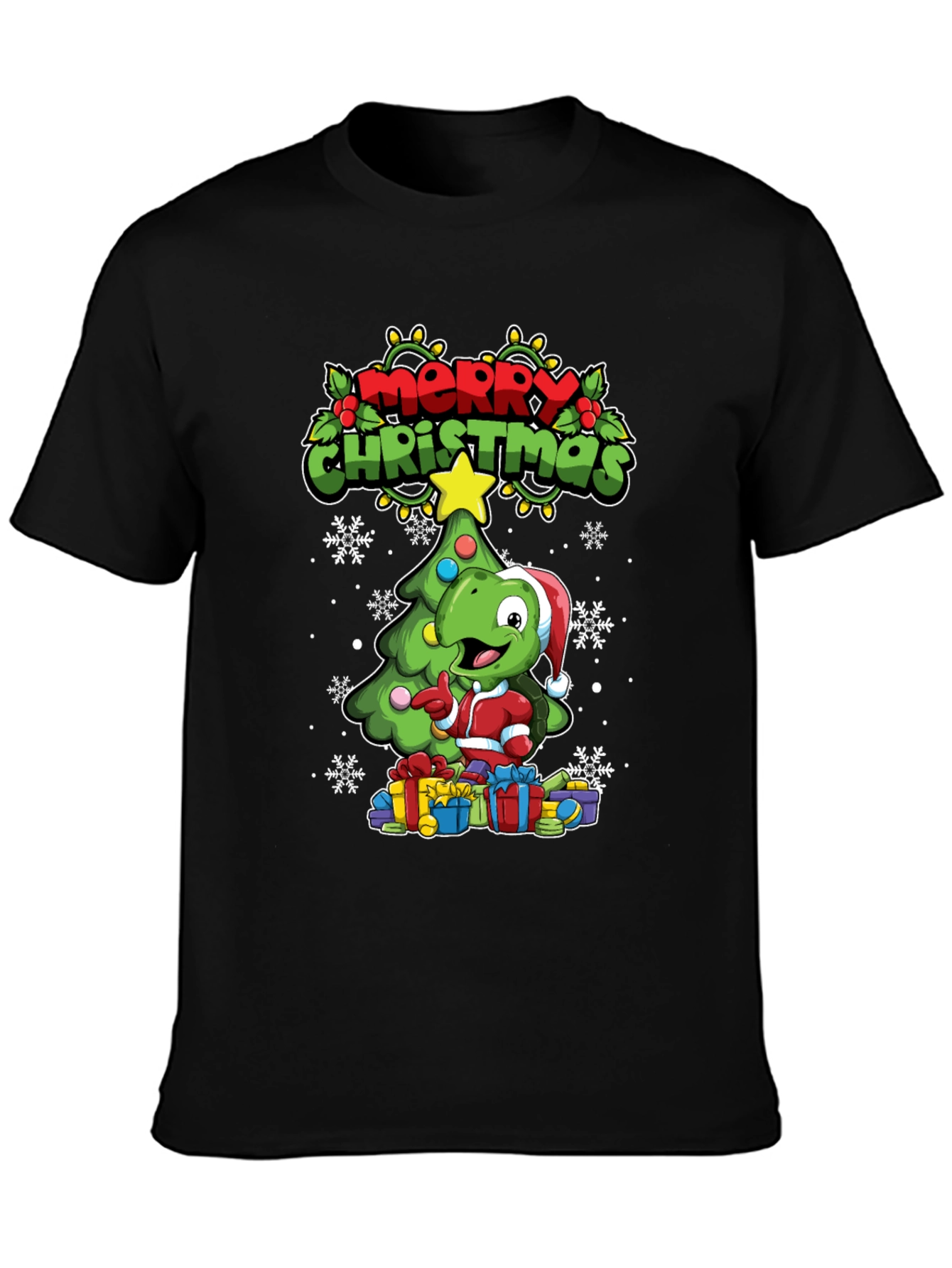 Black Festive Dino Christmas T-Shirt view 3