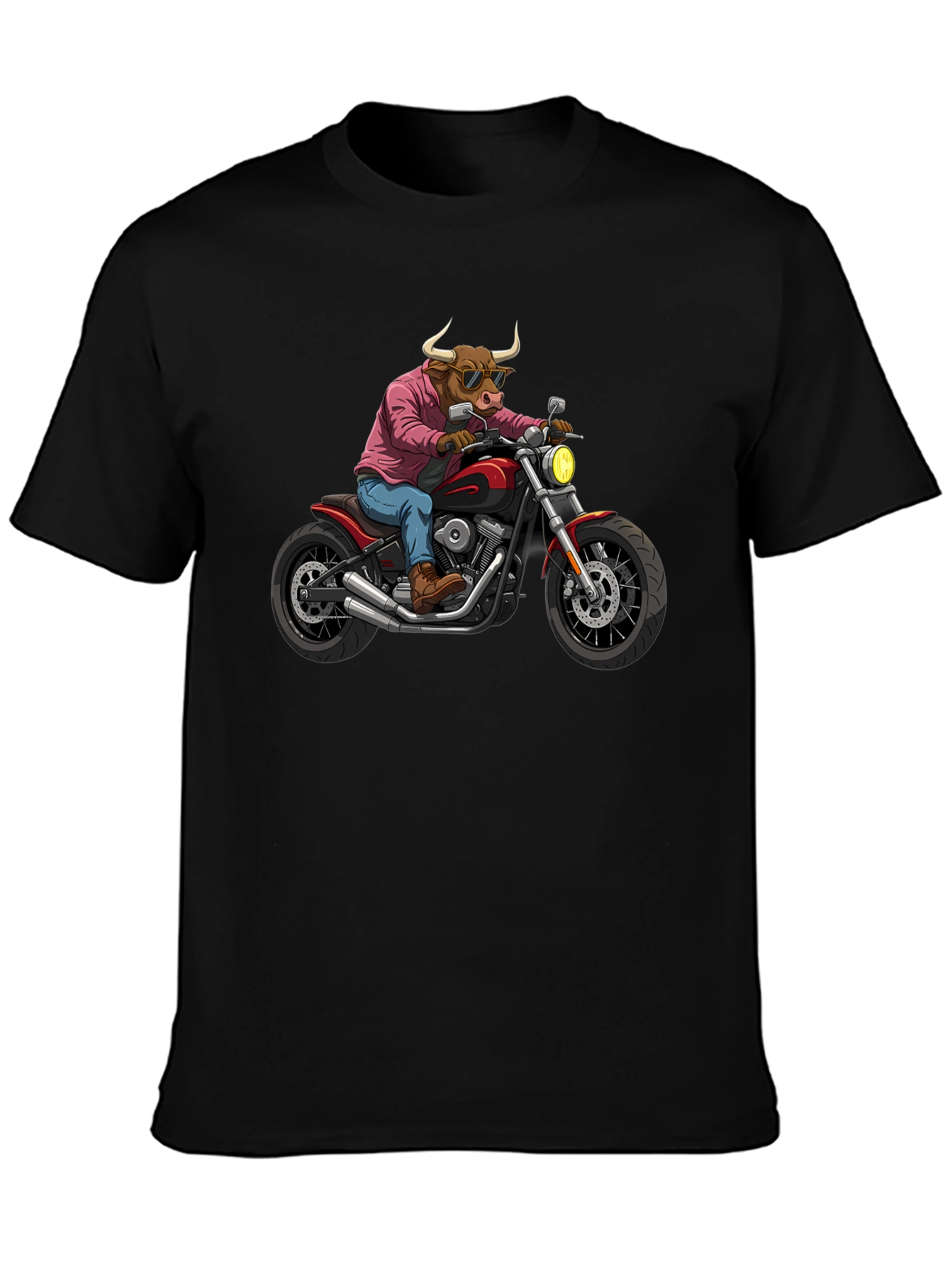 Black Cool Bull on Motorcycle T-Shirt - Black Cotton Graphic Tee view 3