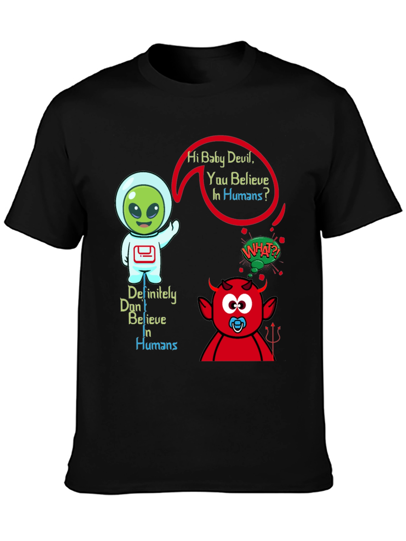 Black Alien & Baby Devil Graphic T-Shirt - Believe in Humans? view 3