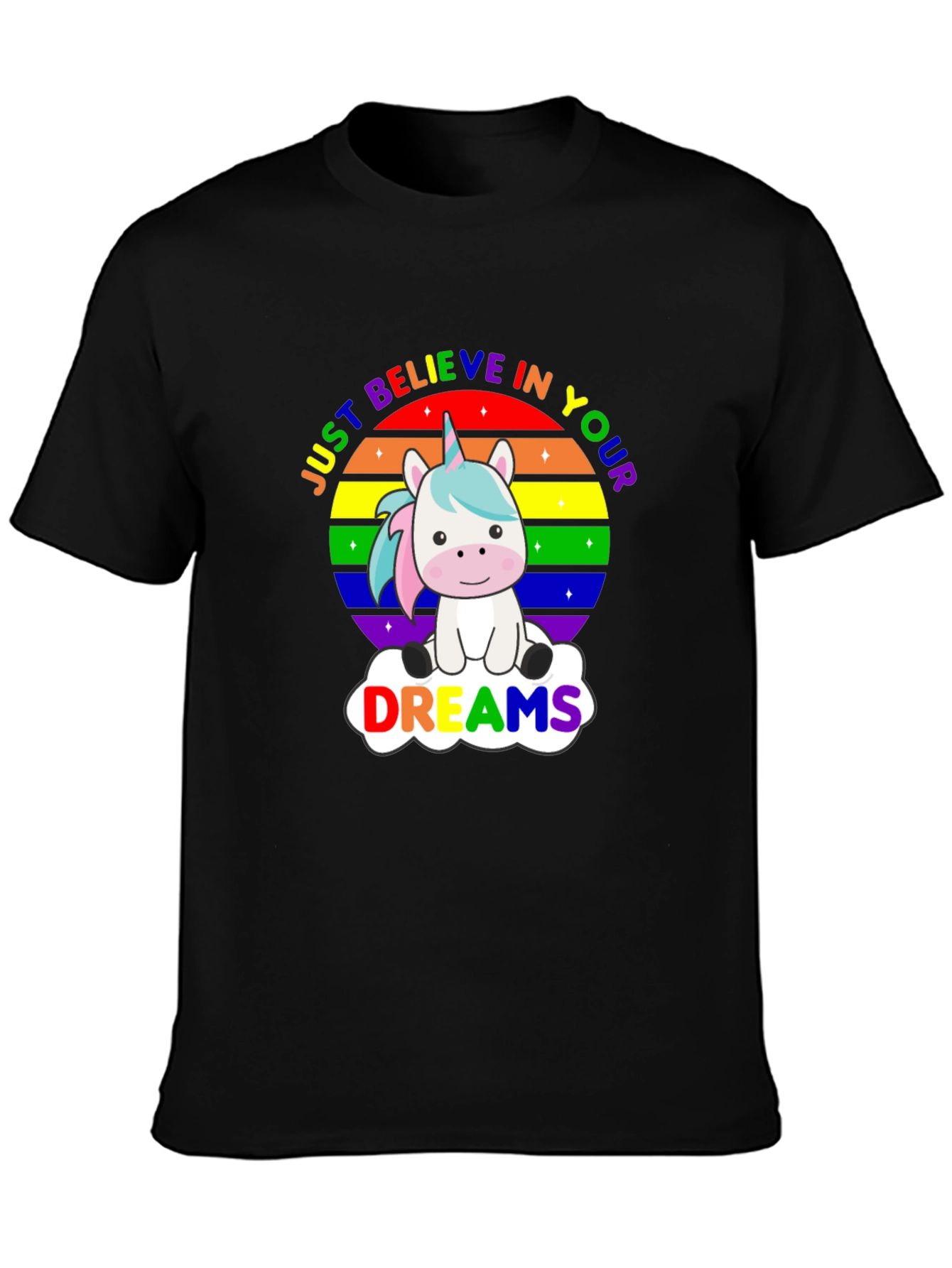 Black Believe in Your Dreams Rainbow Unicorn T-Shirt view 3