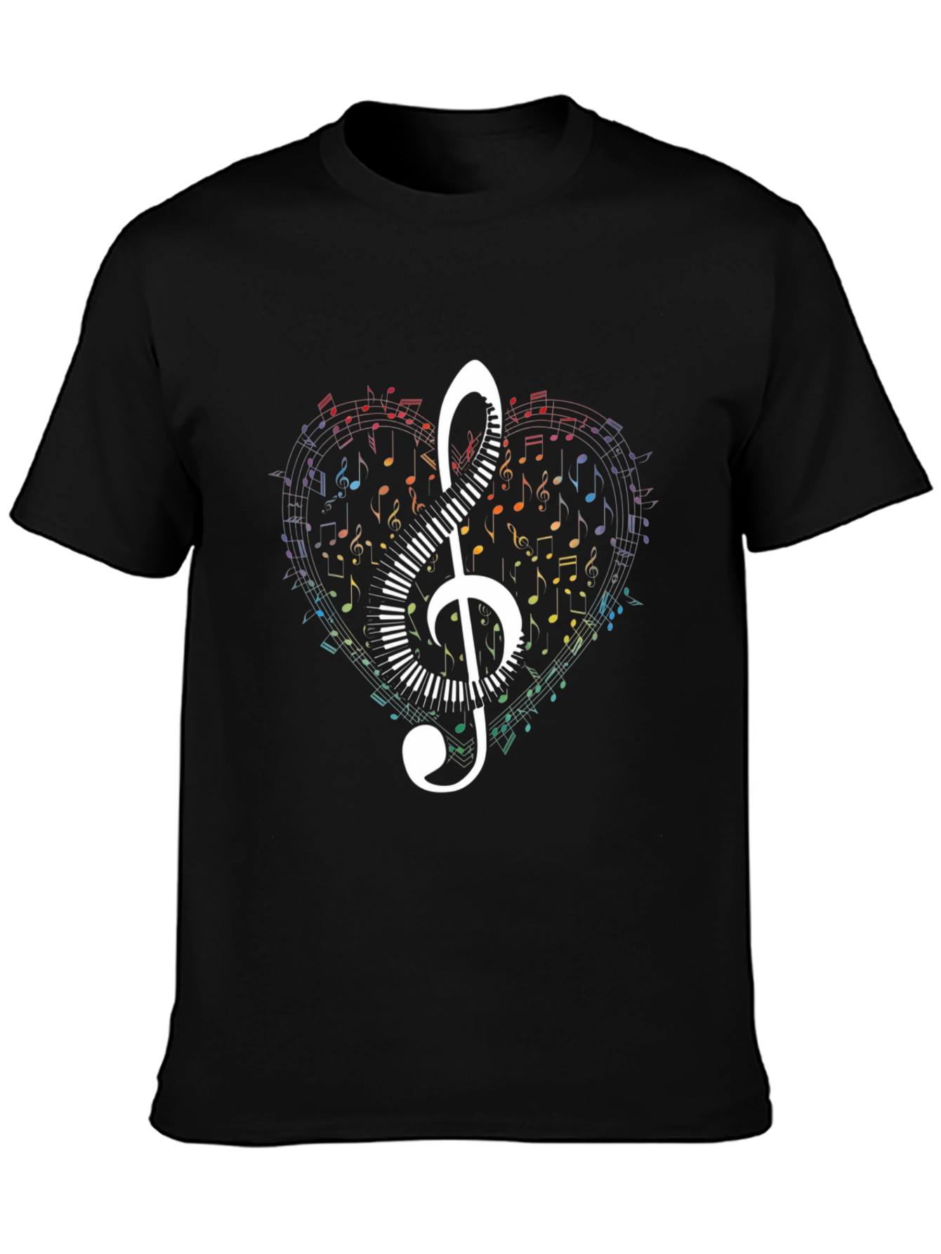 Black Music Heart T-Shirt - Treble Clef & Piano Keys Design view 3