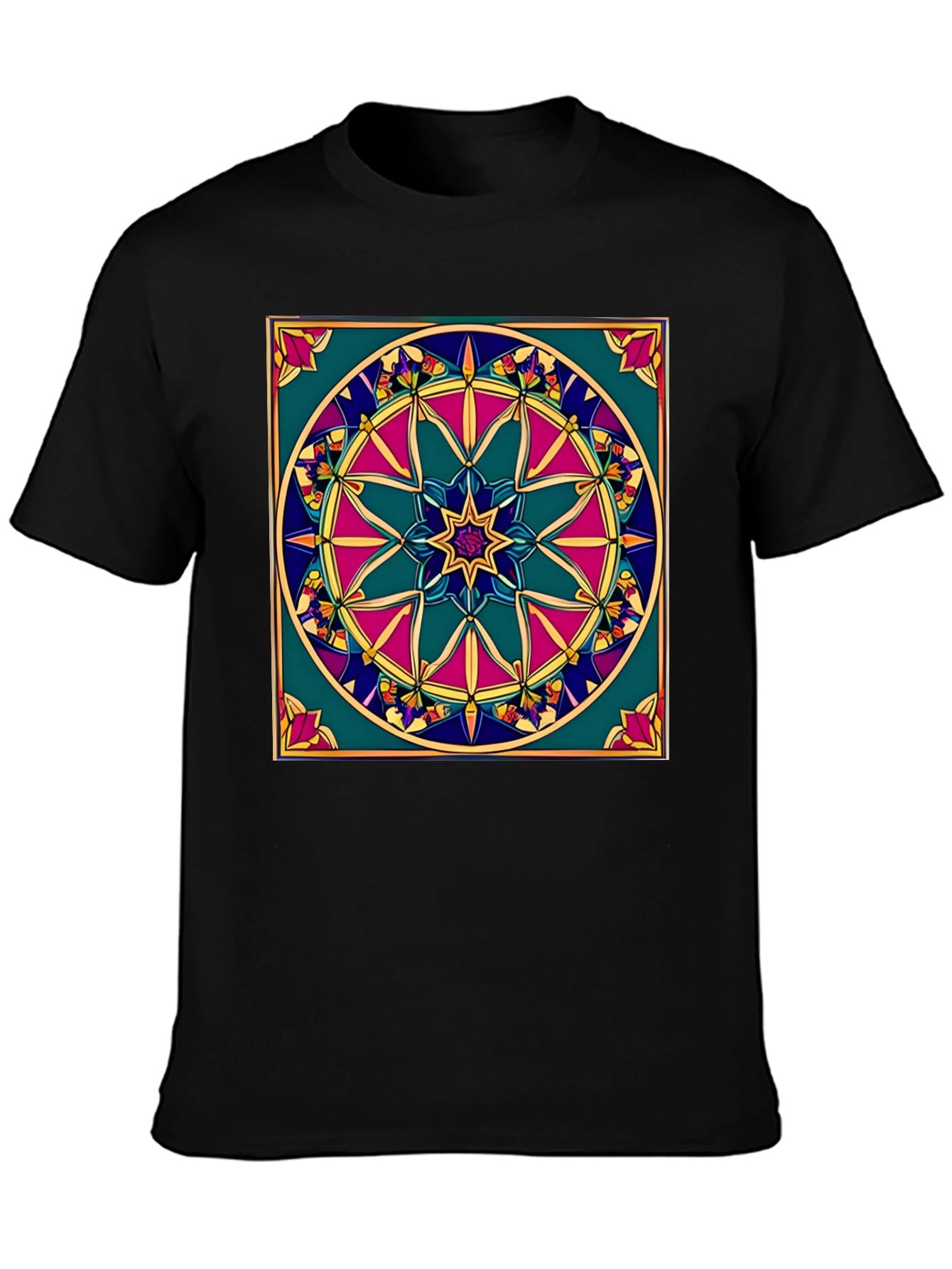 Black Geometric Mandala Design Black T-Shirt view 3