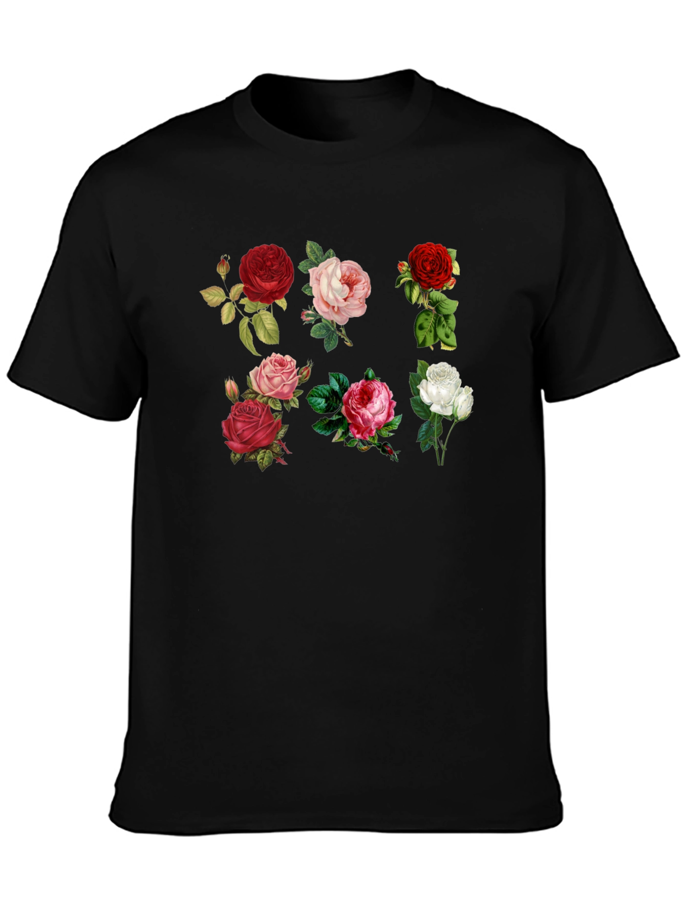 Black Floral Roses Print Black T-Shirt view 3