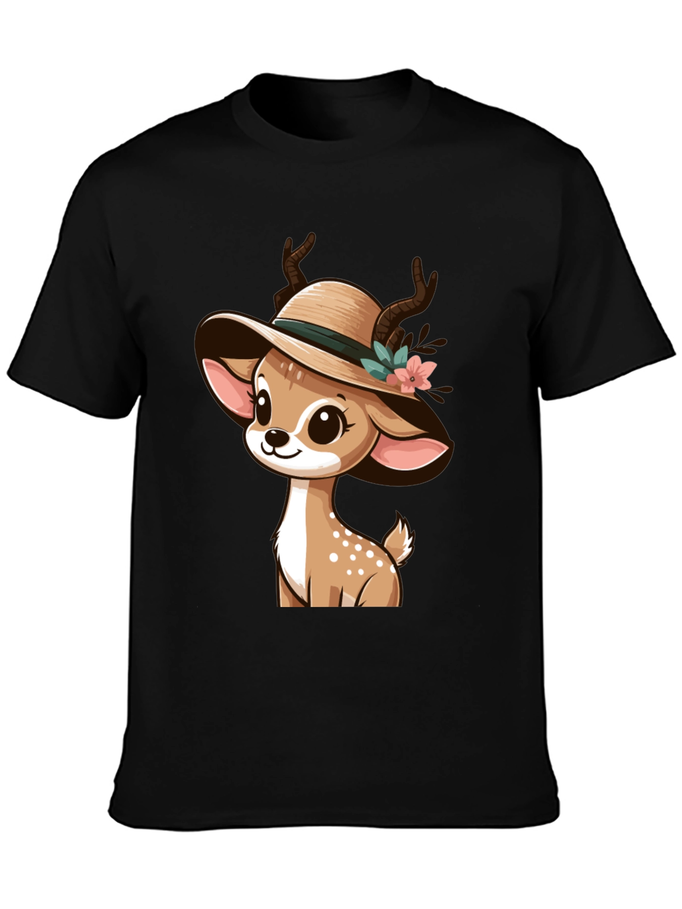 Black Cute Deer in Hat Graphic T-Shirt view 3