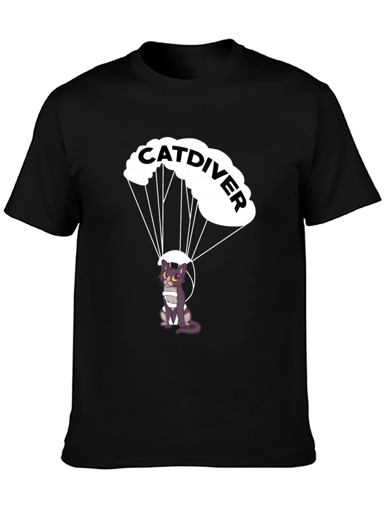 Black Catdiver T-Shirt - Parachuting Cat Graphic Tee view 3