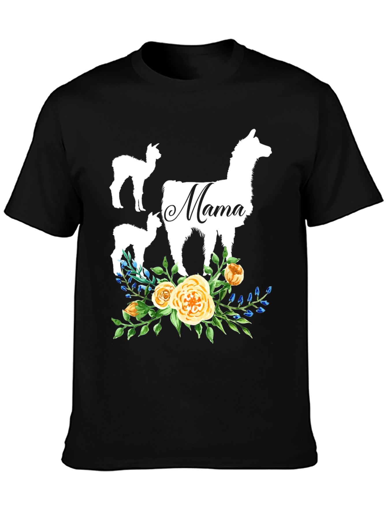Black Mama Llama Floral T-Shirt Cute Alpaca Mom Tee view 3