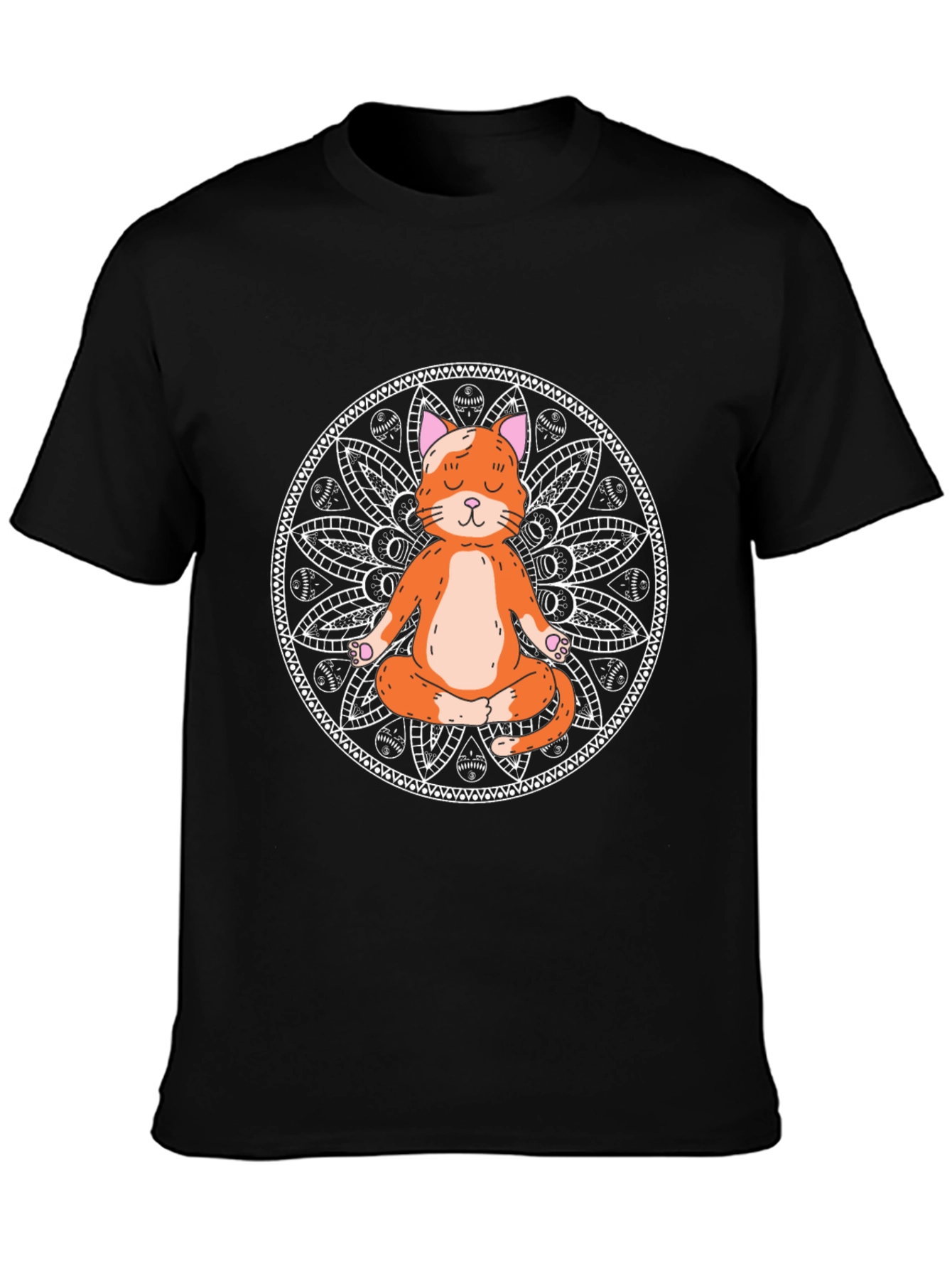 Black Yoga Cat Mandala Black T-Shirt - Meditating Feline view 3