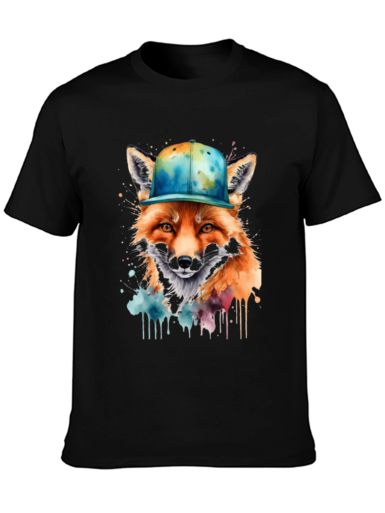 Black Fox in Cap Graphic Tee - Cool Watercolor Design view 3