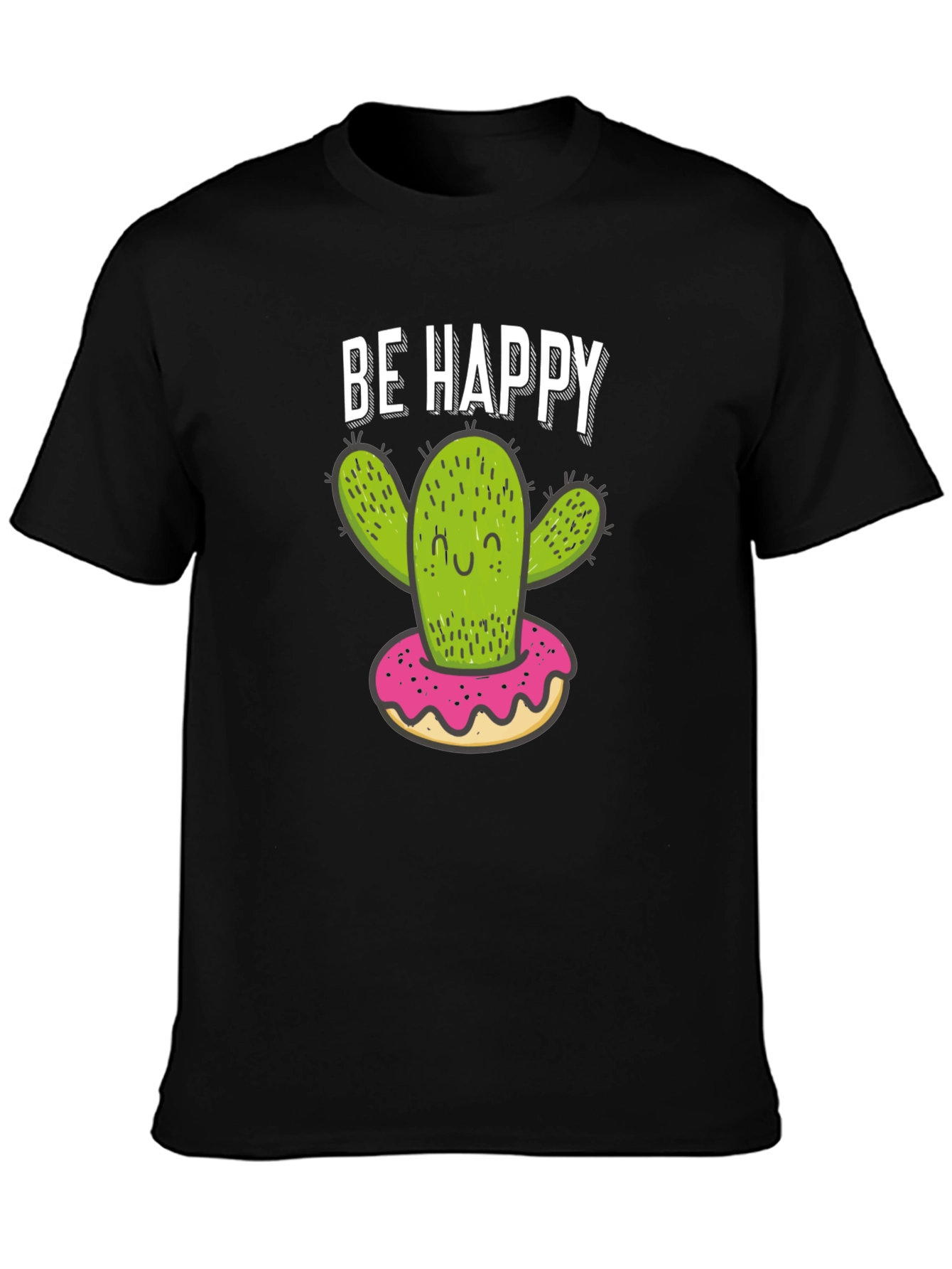 Black Be Happy Cactus Donut Graphic T-Shirt view 3