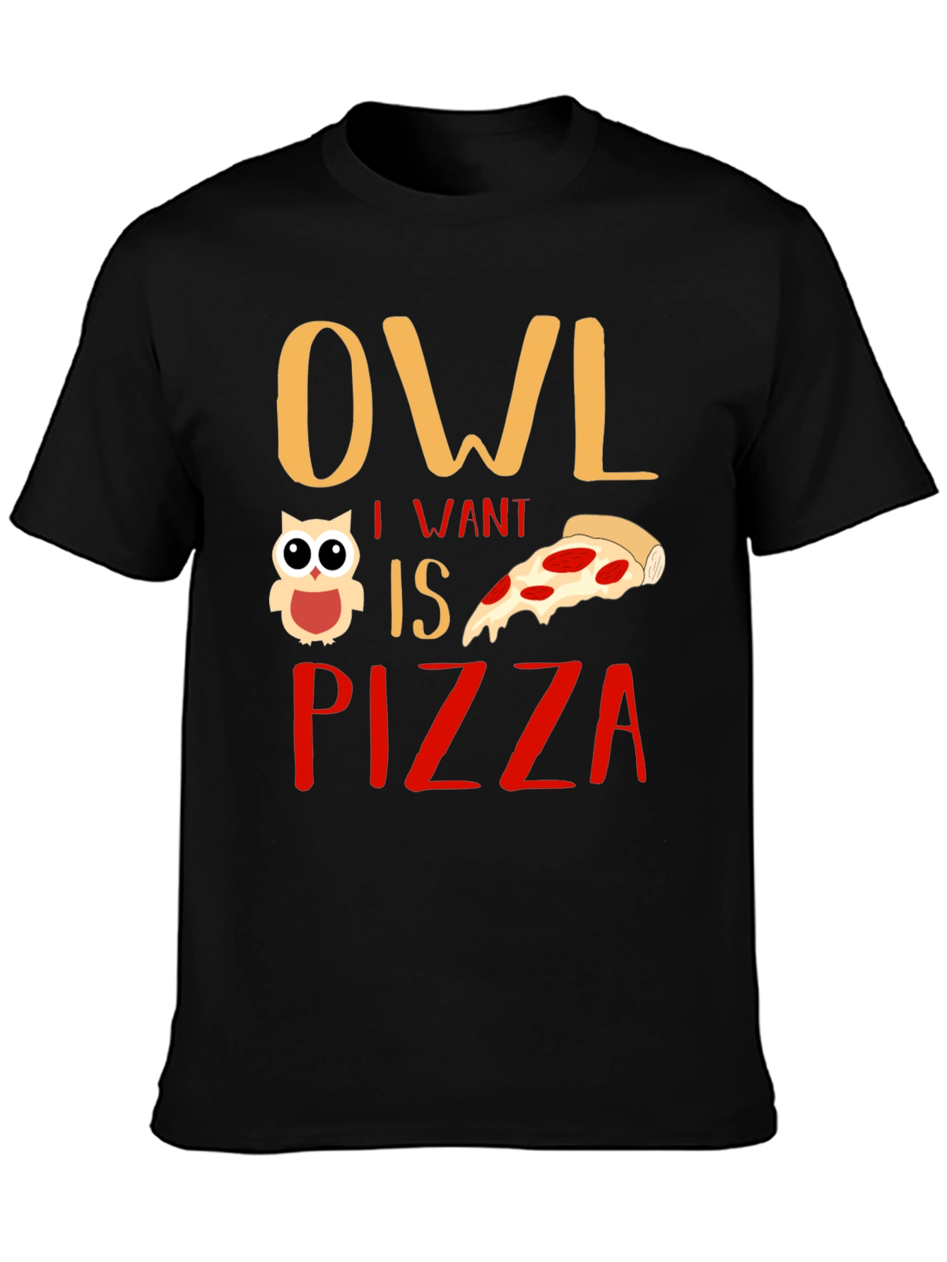 Black Owl I Want is Pizza Graphic T-Shirt view 3