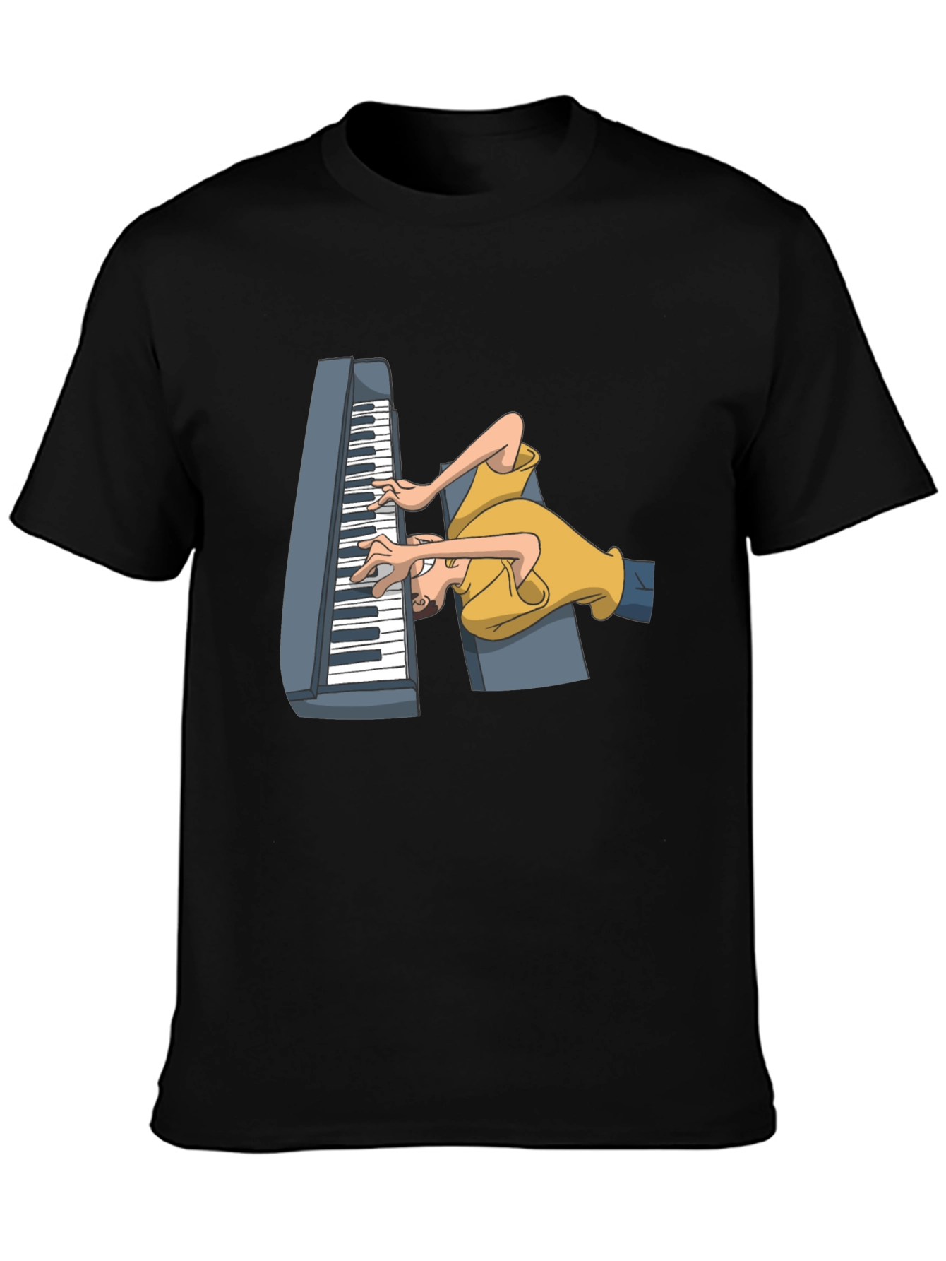 Black Funny Cartoon Piano Player Black T-Shirt view 3
