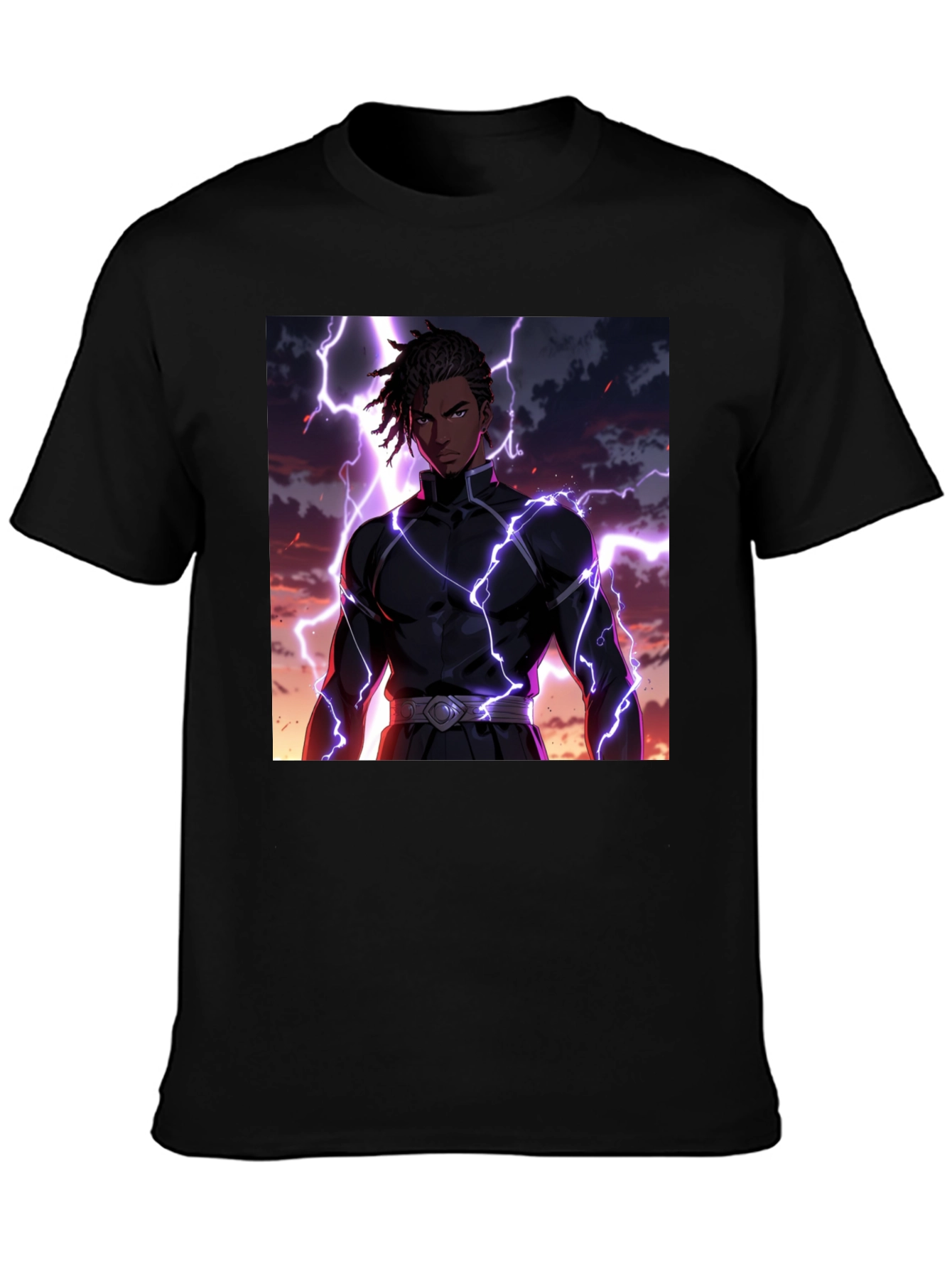 Black Anime Lightning Bolt Graphic Tee - Black Cotton Blend view 3