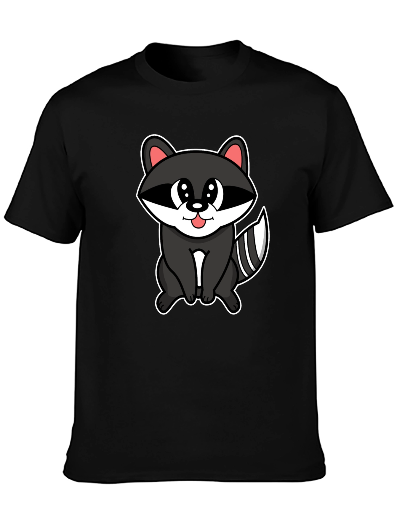 Black Cute Raccoon Cartoon Black T-Shirt view 3