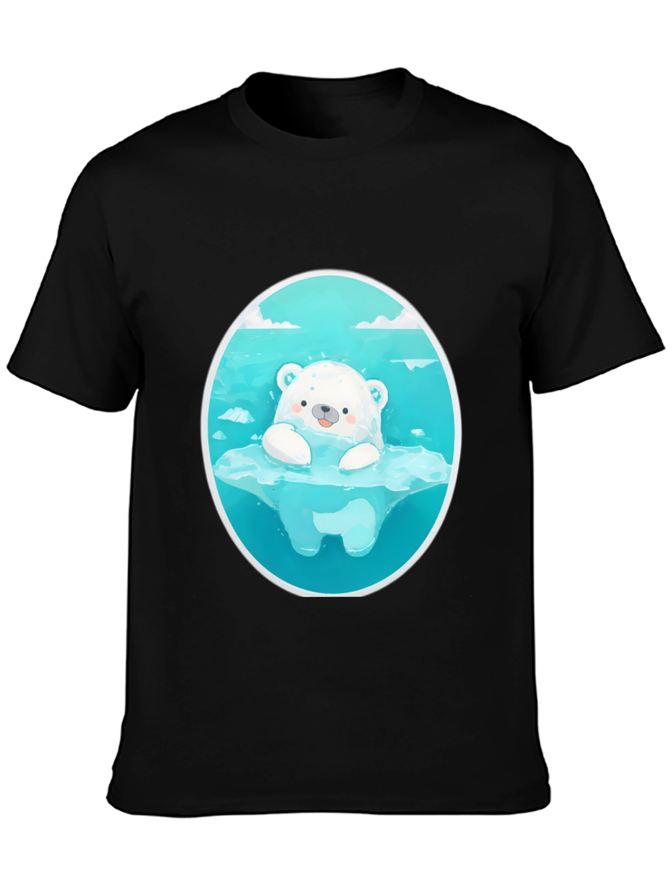 Black Cute Polar Bear Graphic Tee - Black Cotton T-Shirt view 3
