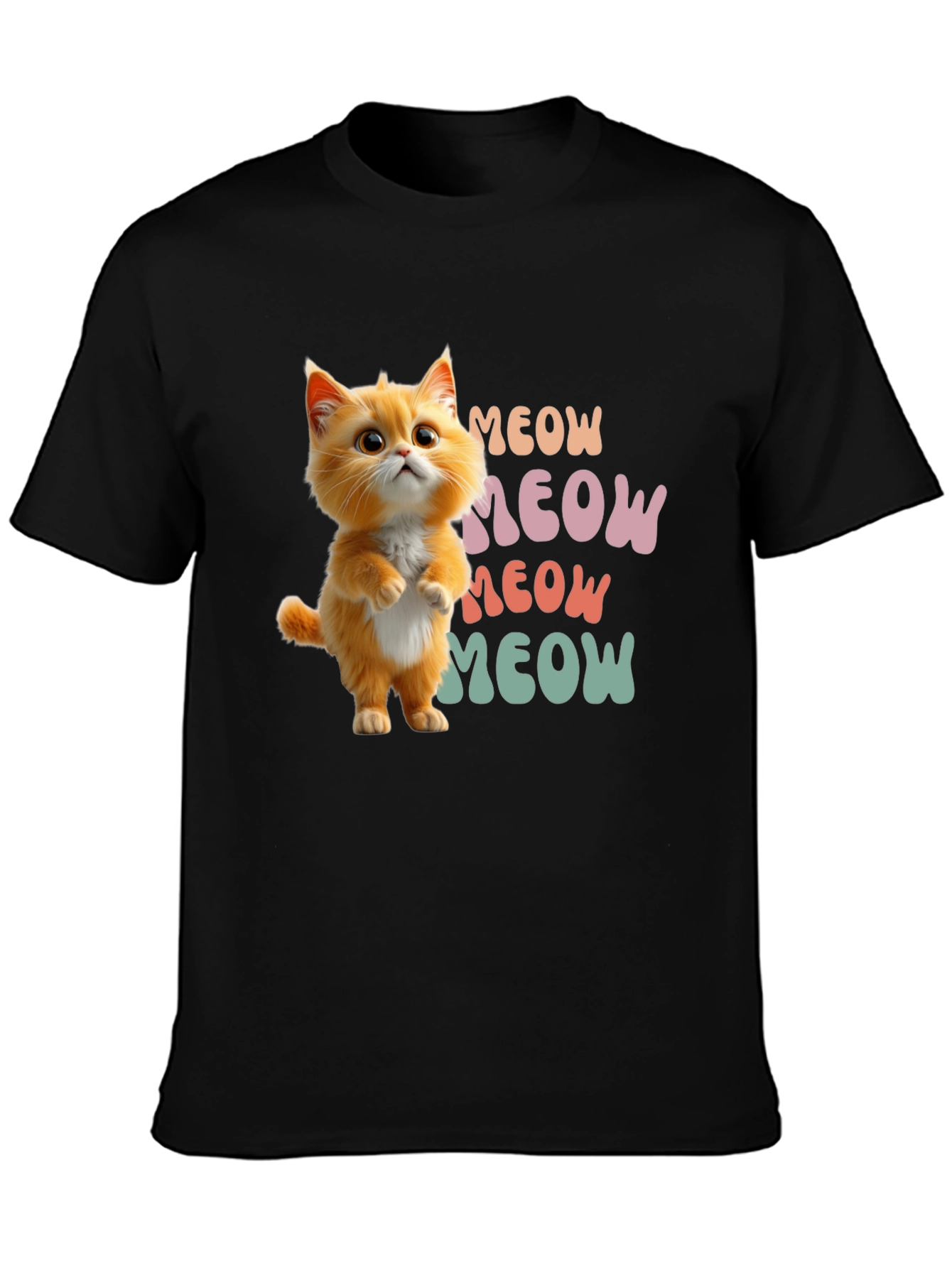 Black Cute Cartoon Cat Meow Graphic T-Shirt view 3