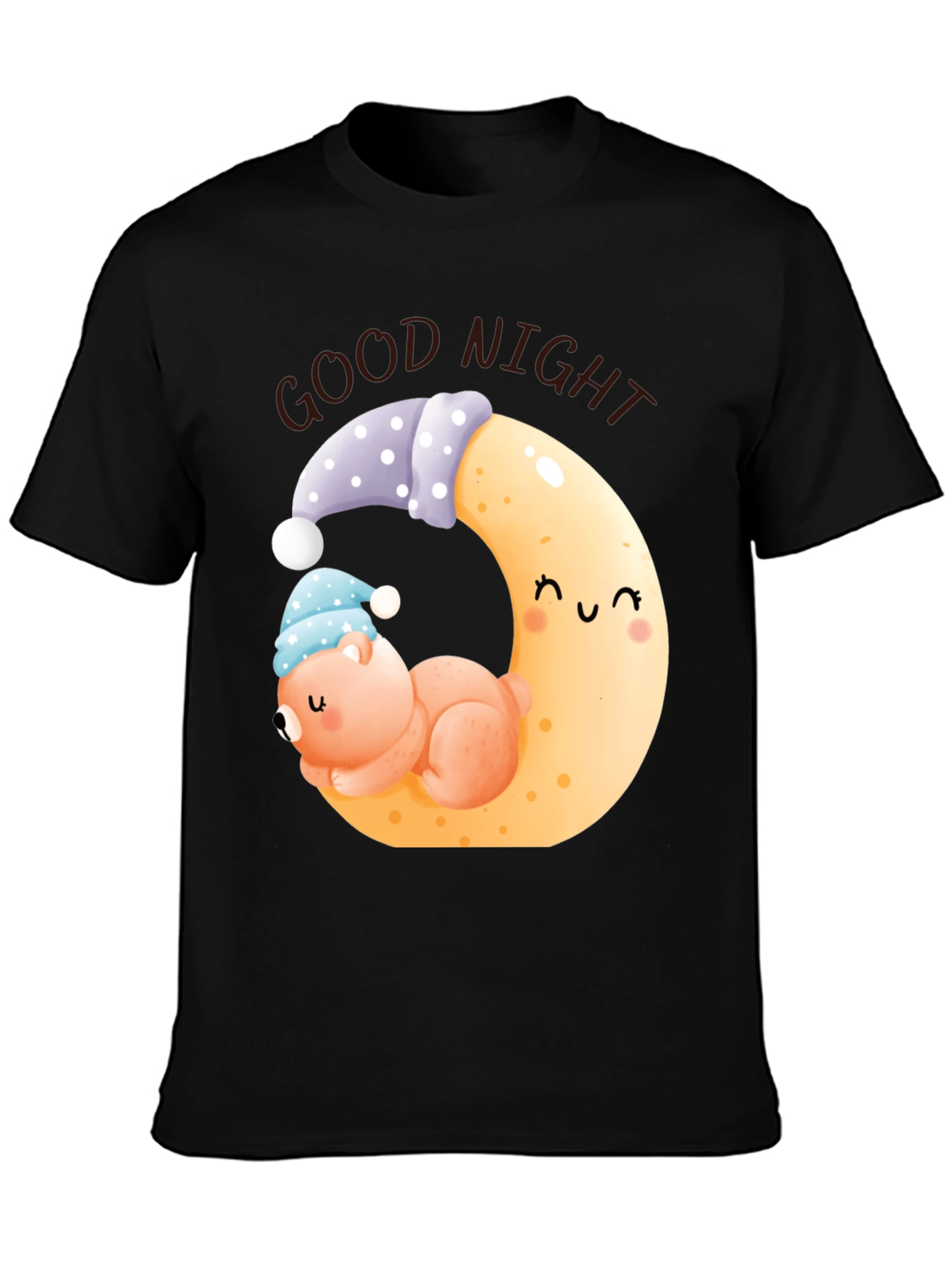 Black Good Night Bear Moon Graphic Black T-Shirt view 3