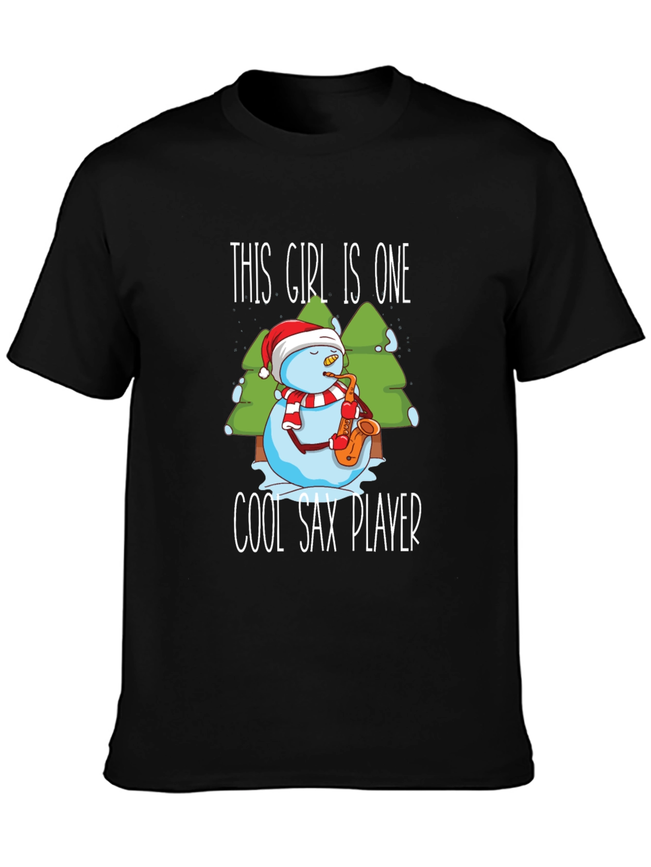 Black Cool Sax Player Snowman Graphic T-Shirt view 3