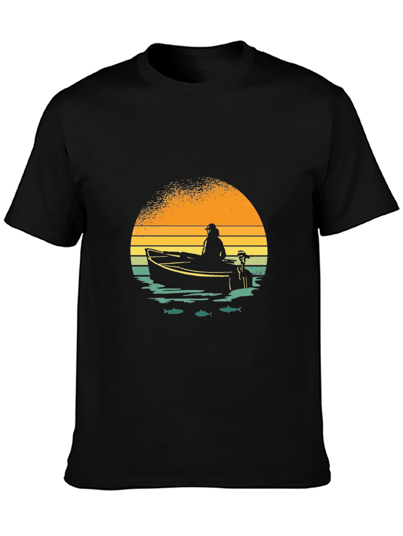 Black Fishing Boat Graphic Tee - Retro Sunset Design view 3