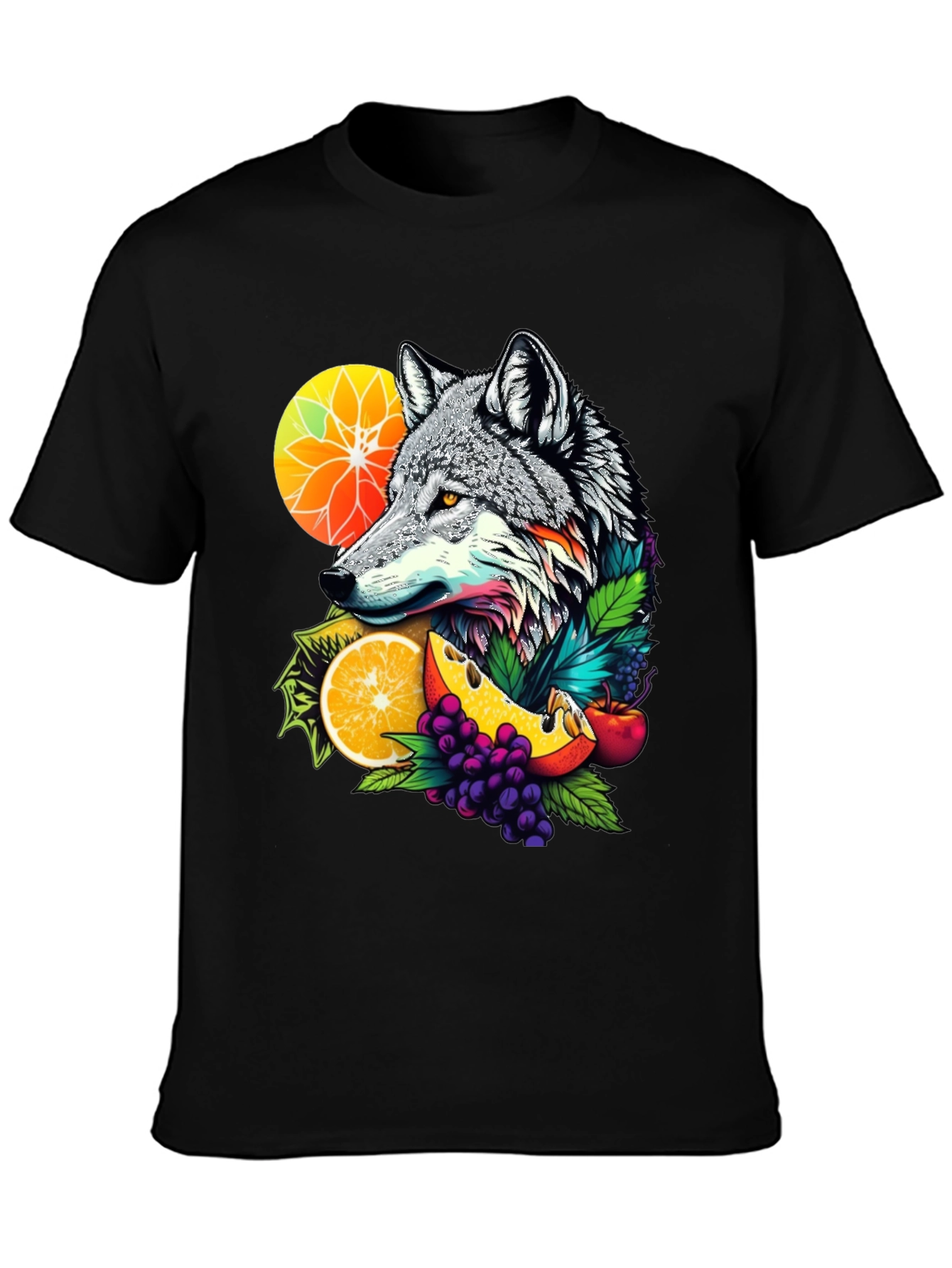 Black Wolf & Fruit Graphic Tee - Unique Design view 3