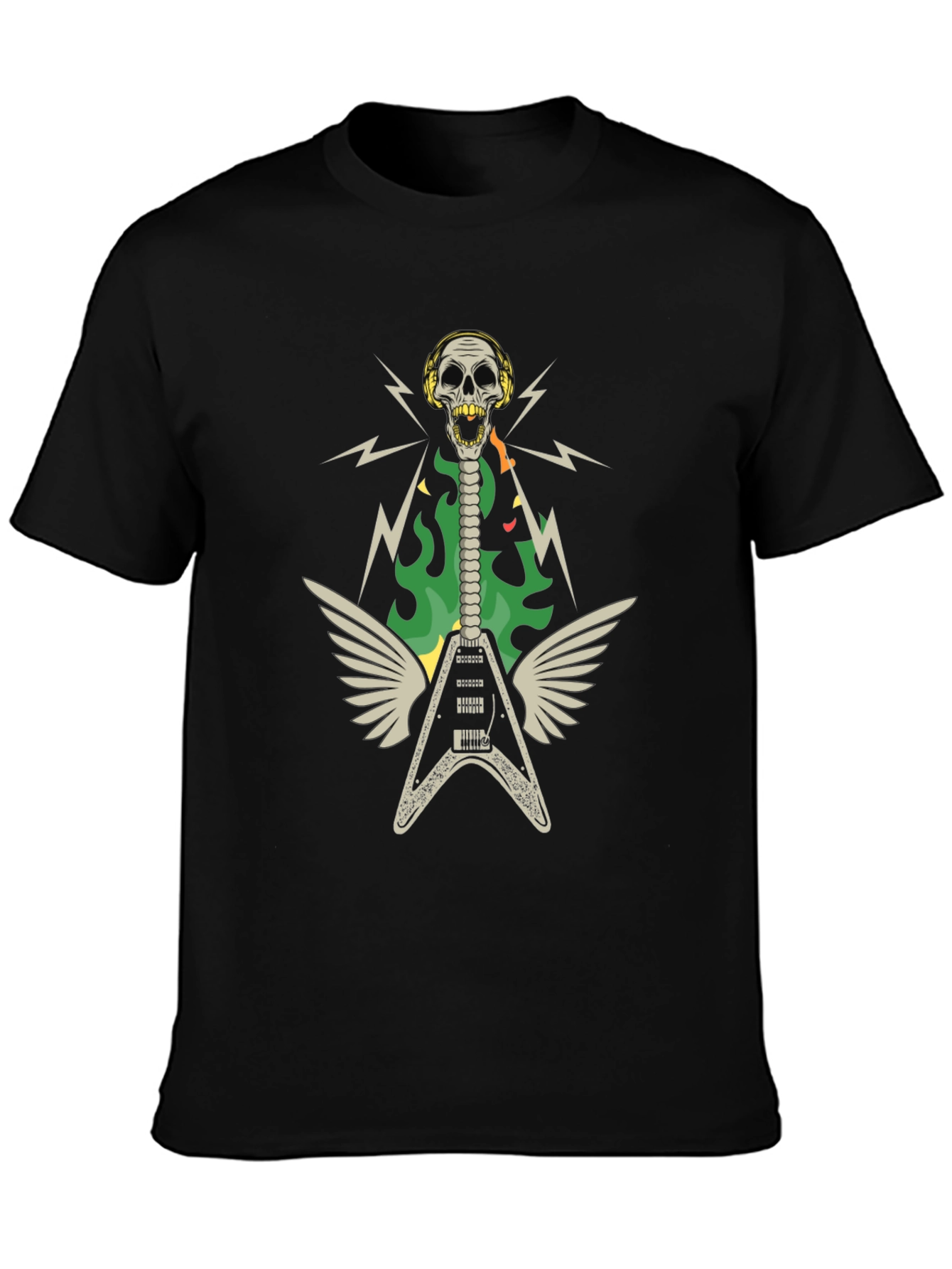 Black Skull Guitar Wings Rock Band T-Shirt view 3