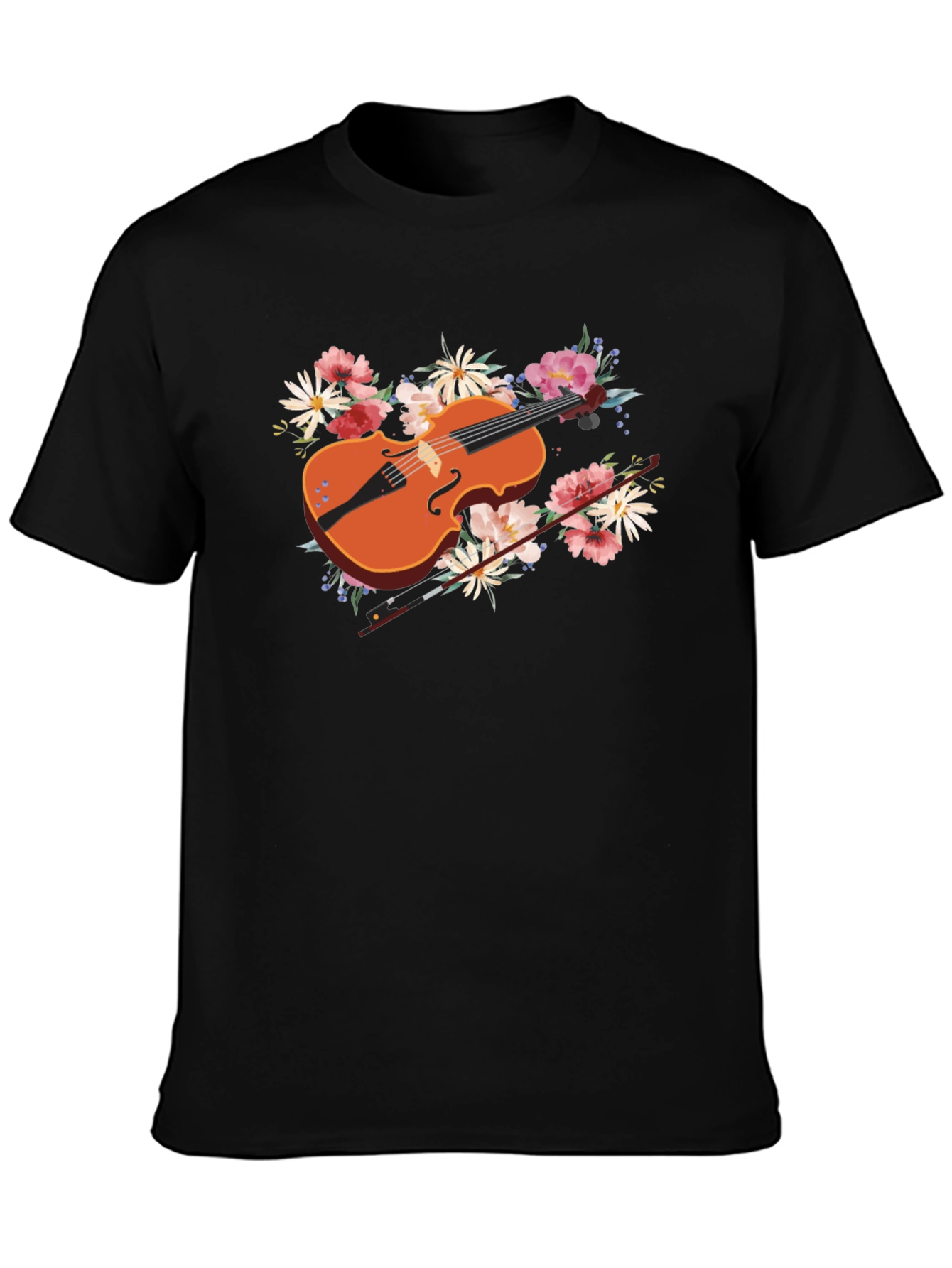 Black Floral Violin Graphic Tee - Stylish Music Lover's Shirt view 3
