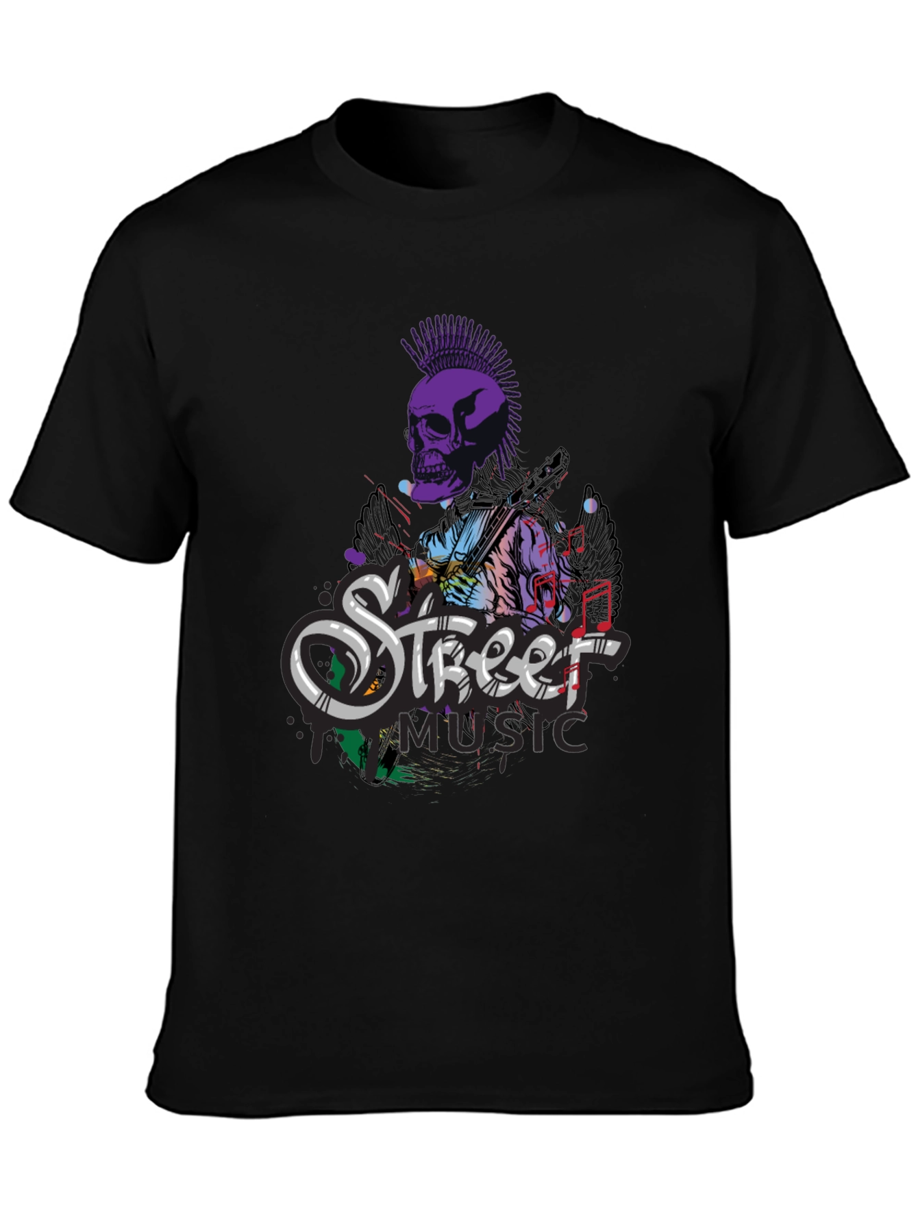 Black Street Music Skull Graphic Tee - Black Cotton T-Shirt view 3