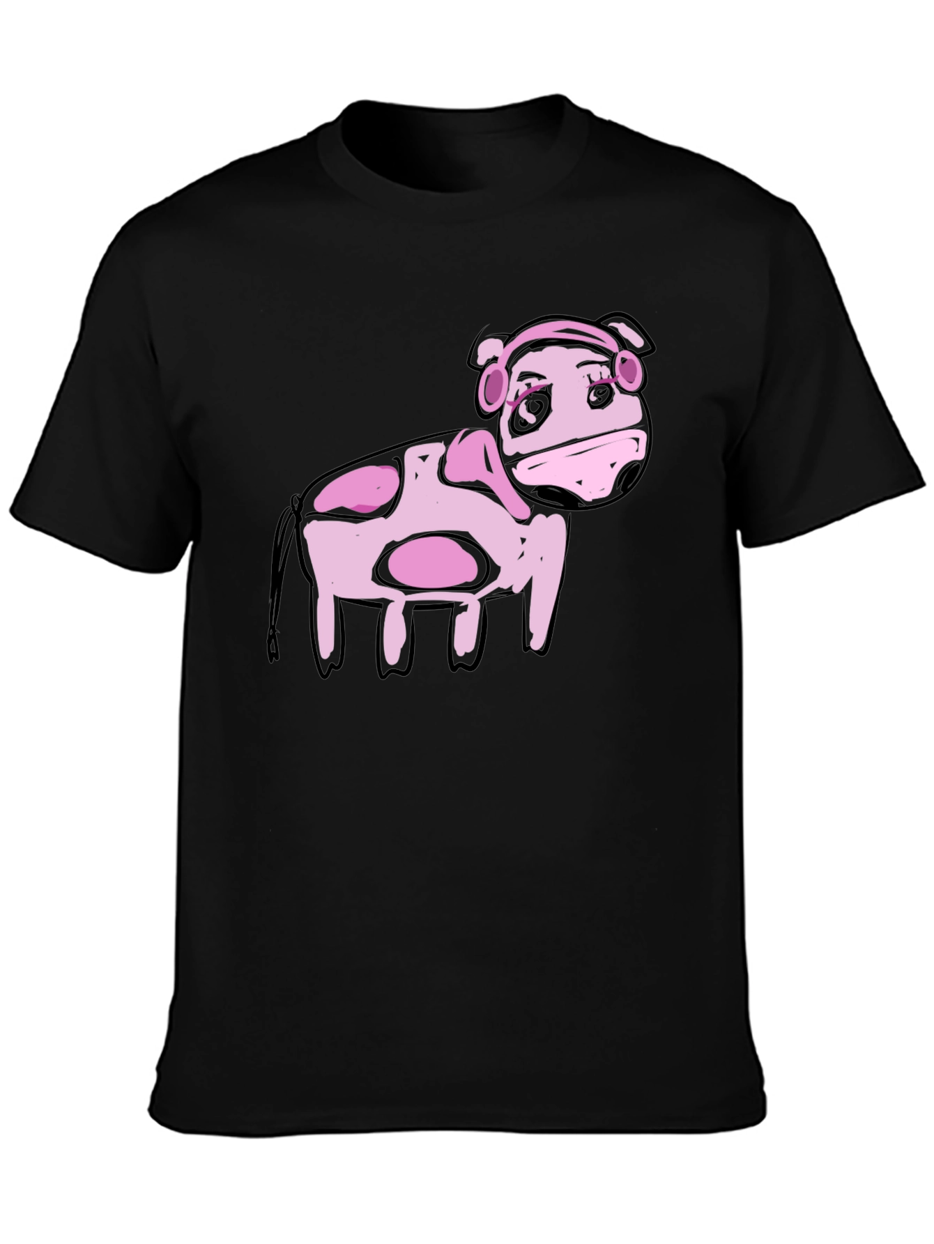 Black Cartoon Pink Cow Black T-Shirt view 3