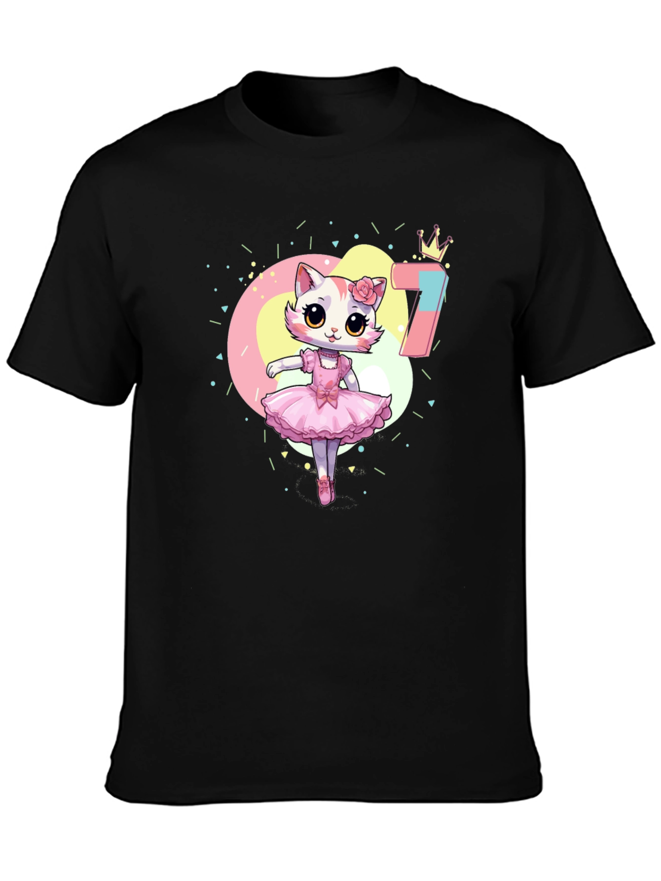 Black Cute Ballerina Cat 7th Birthday Black T-Shirt view 3