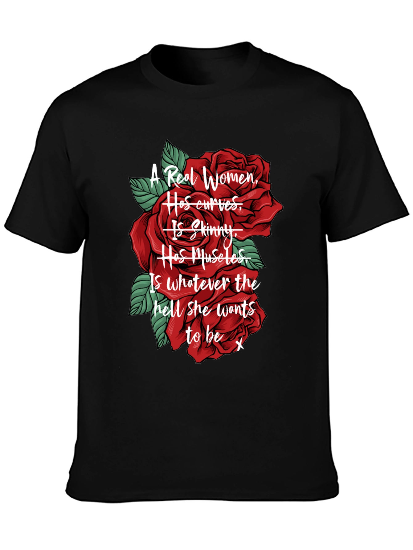 Black A Real Women T-Shirt - Red Roses Design view 3