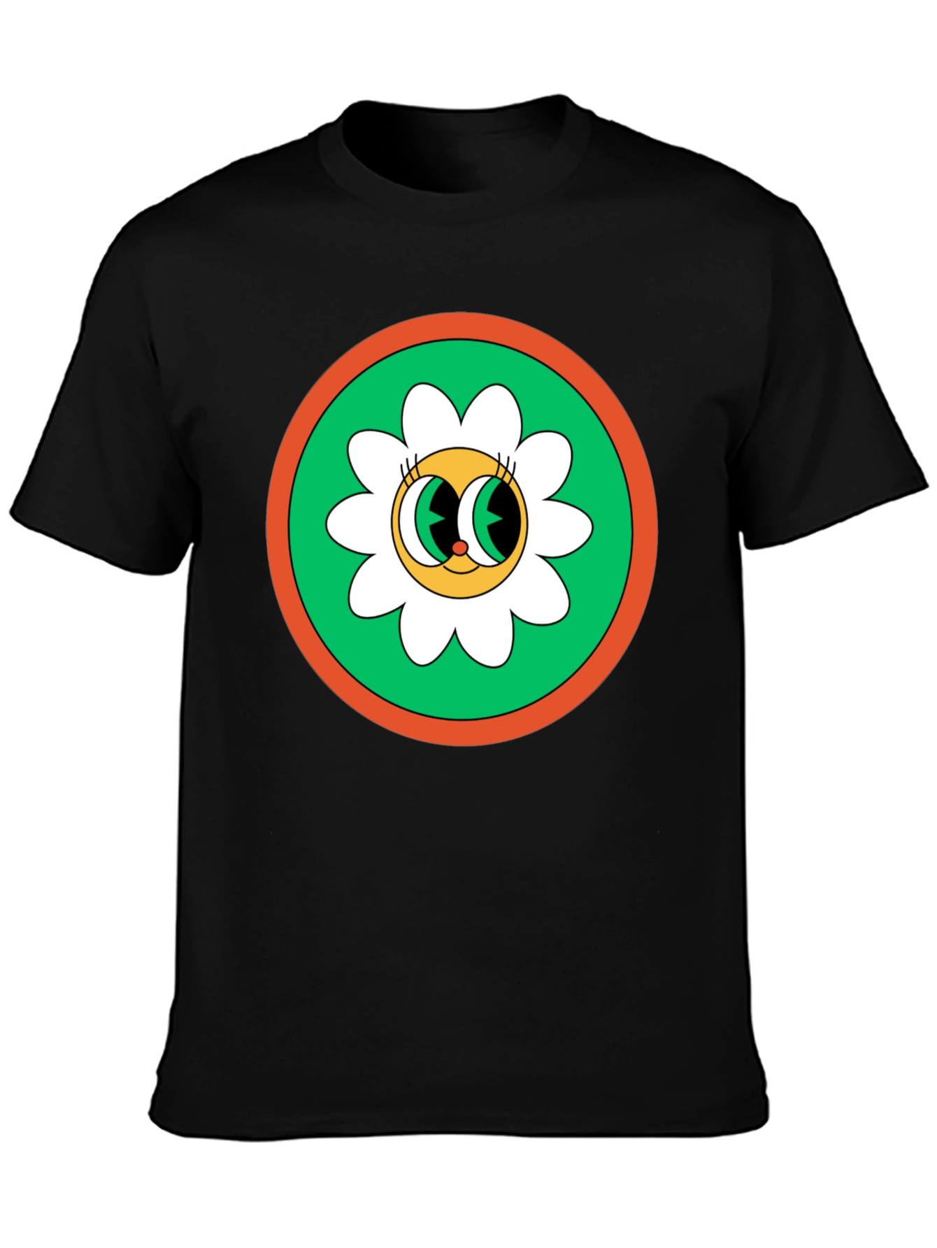 Black Retro Flower Power Graphic Tee - Black Cotton Blend view 3