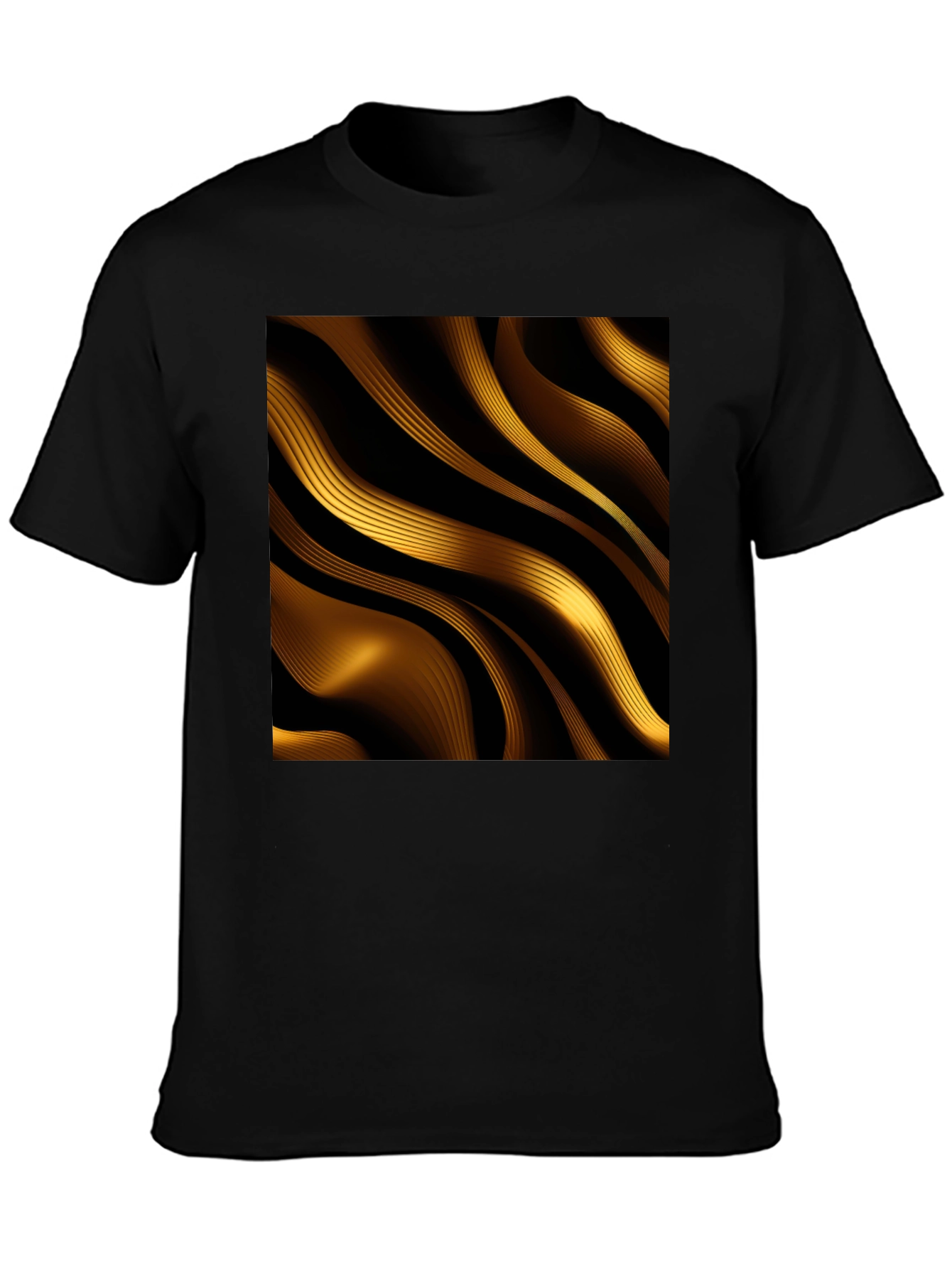 Black Golden Abstract Wave Print Black T-Shirt view 3