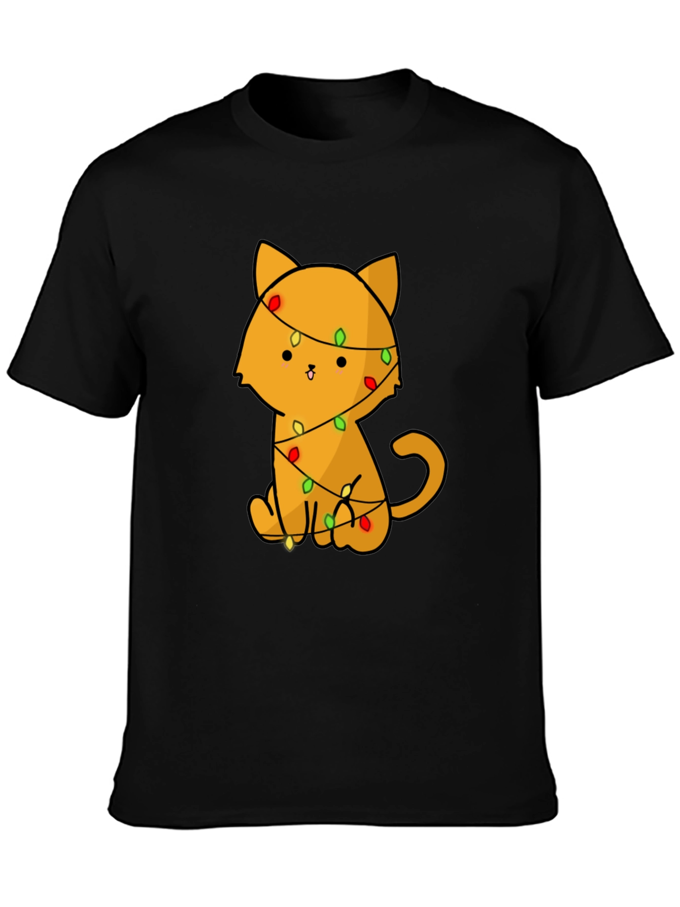 Black Cute Cat with Christmas Lights T-Shirt view 3